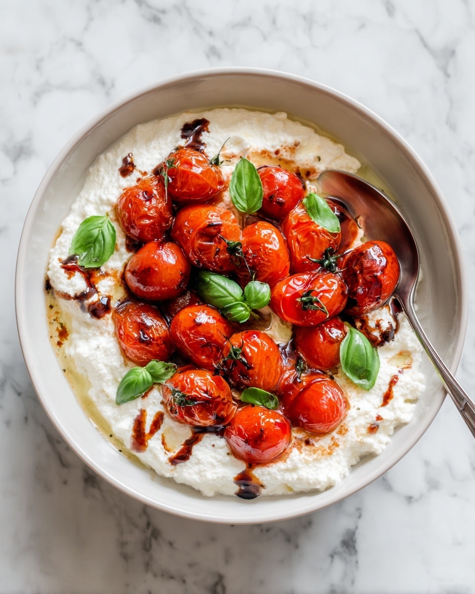 The dish is served in a white bowl on a white marbled surface. It has three main layers: the bottom layer is creamy white cottage cheese with a soft, slightly crumbly texture, spread evenly across the bowl; the middle layer consists of bright red roasted cherry tomatoes with a slightly wrinkled skin and juicy appearance, scattered generously on top of the cottage cheese; the top layer is made up of fresh green basil leaves placed around and over the tomatoes, adding a fresh color contrast. There is also a drizzle of dark brown balsamic glaze artistically poured over the tomatoes and cheese, adding depth to the colors. A spoon rests on the right side inside the bowl, with a woman's hand lightly touching the spoon's handle. photo taken with an iphone --ar 4:5 --v 7