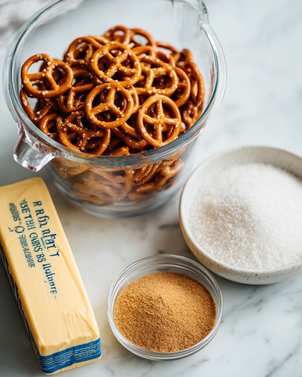 The image shows a clear glass measuring cup full of small brown pretzels with a shiny, slightly salty surface, sitting on a white marbled surface. In front of the measuring cup, there is a light yellow stick of butter wrapped in paper with blue text and measuring lines. To the right, there is a white bowl filled with white granulated sugar, and a smaller clear bowl containing a light brown ground spice, likely cinnamon, all positioned neatly close together. photo taken with an iphone --ar 4:5 --v 7