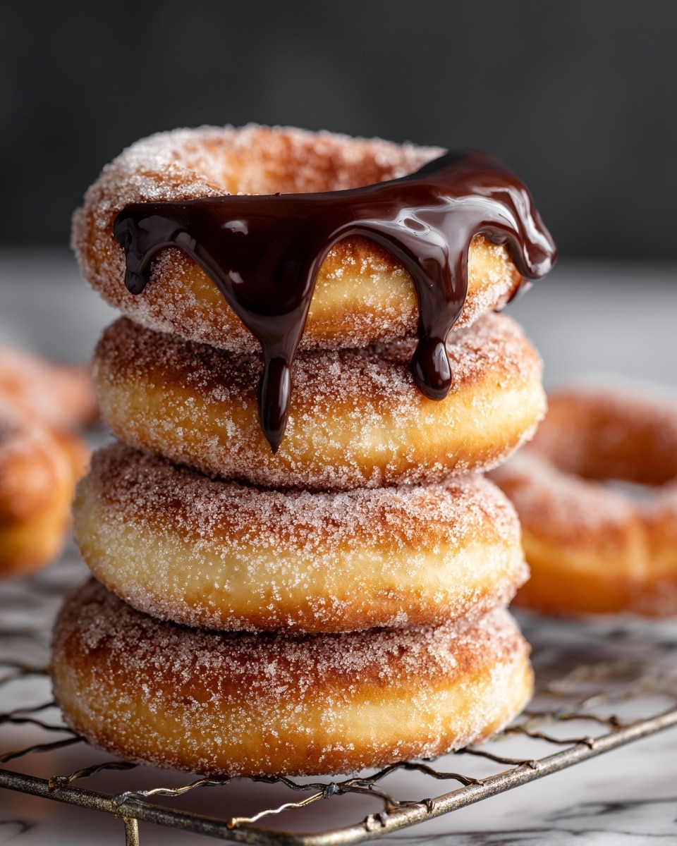 A close-up of a stack of four soft pretzels covered in a light layer of sugar, resting on a metal cooling rack. The top pretzel has a smooth, glossy layer of dark chocolate sauce dripping down one side, while the others show their golden brown, slightly crispy texture with a dusting of sugar. The background is dark and blurred, emphasizing the warm tones and sugary coating of the pretzels, all placed on a white marbled surface. photo taken with an iphone --ar 4:5 --v 7