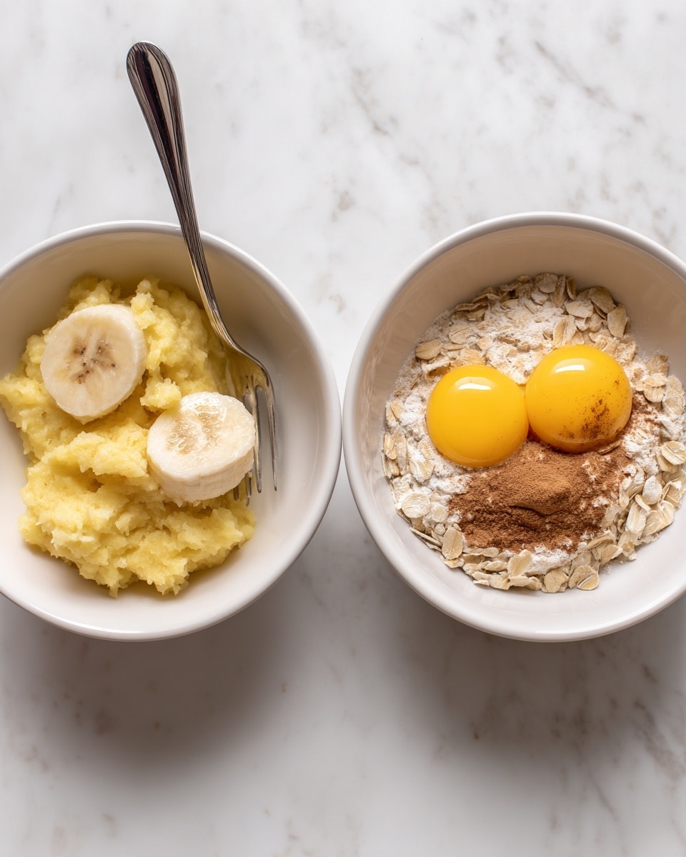 Two images side by side show a clear white bowl placed on a white marbled surface. On the left, the bowl contains a half-peeled banana being mashed with a silver fork, the mashed yellow banana pulp sitting at the bottom of the bowl. On the right, the same bowl holds two whole bright yellow egg yolks with clear whites, next to the mashed banana, topped with light beige rolled oats and a small pile of brown cinnamon powder, all ready to be mixed. Photo taken with an iphone --ar 4:5 --v 7