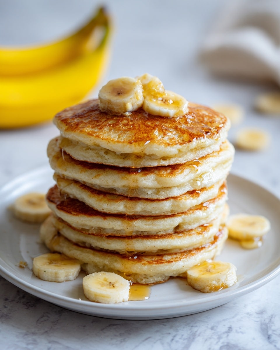 A stack of six golden brown pancakes sits in the center of a white plate on a white marbled surface. The pancakes have a soft, fluffy texture with slightly crisp edges. On top of the stack, there are small pieces of banana and a glossy drizzle of syrup running down the sides, creating a shining effect. More banana chunks rest on the plate around the base of the pancakes. In the background, a yellow banana is softly blurred. The overall scene looks fresh and inviting. photo taken with an iphone --ar 4:5 --v 7