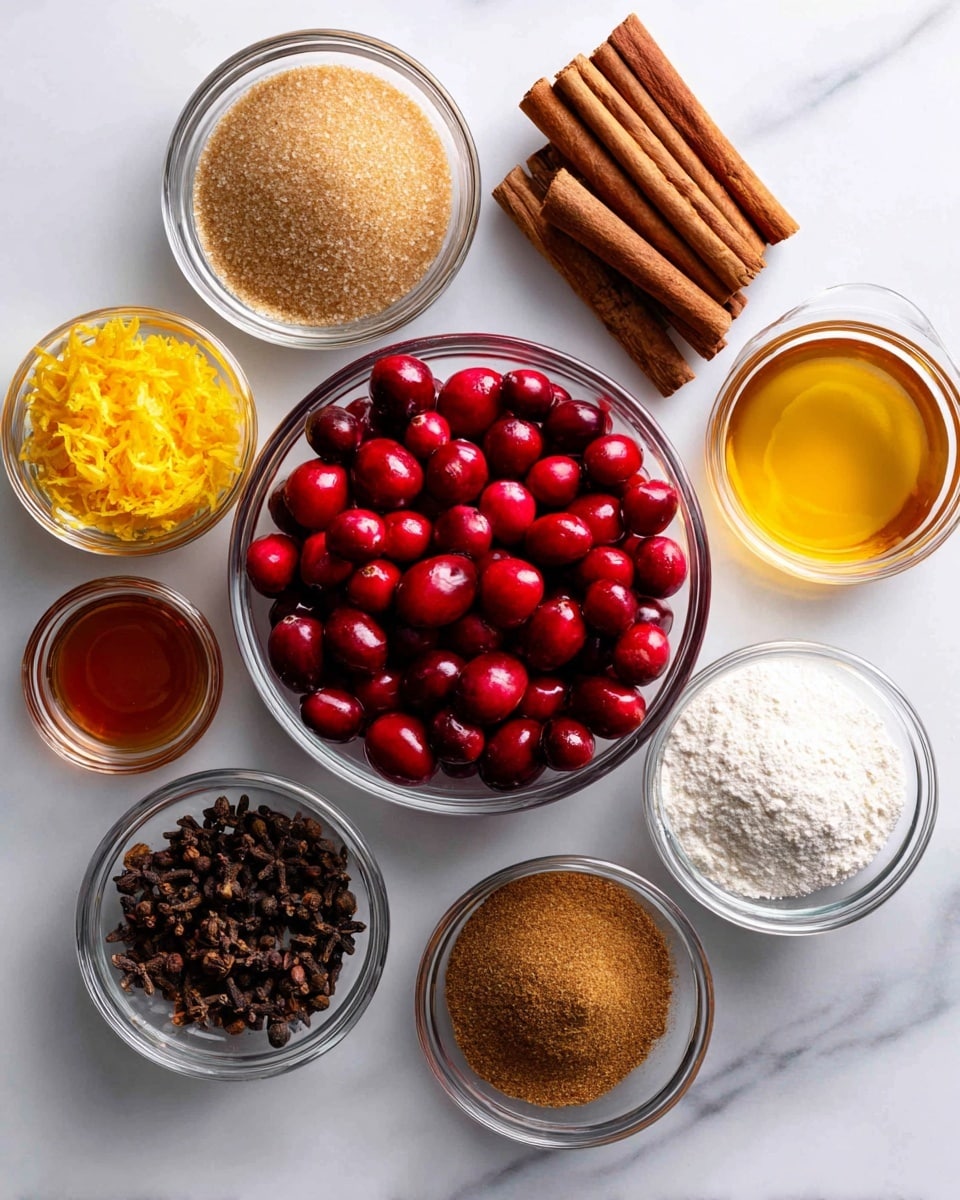 The image shows nine clear glass bowls arranged on a white marbled surface, each holding a different ingredient. In the center is a large bowl filled with bright red cranberries that have a smooth and shiny texture. Surrounding it are smaller bowls: at the top left is light brown sugar with a grainy texture, next to it at the top center are several cinnamon sticks stacked together with a rough, woody texture, and at the top right is a bowl of golden liquid, likely juice, with a smooth surface. To the left side below the brown sugar is a small bowl with bright yellow-orange citrus zest shreds. Below the citrus zest on the bottom left is a bowl filled with dark brown whole cloves that have a firm and bumpy texture. To the bottom right of the cranberries is a bowl with fine white flour that looks soft and powdery. Above the flour to the right is a bowl with light brown ground spice, possibly cinnamon or nutmeg, which has a soft, granulated texture. Lastly, beneath the flour is a small bowl with dark amber liquid, likely vanilla or syrup, with a smooth glossy surface. photo taken with an iphone --ar 4:5 --v 7