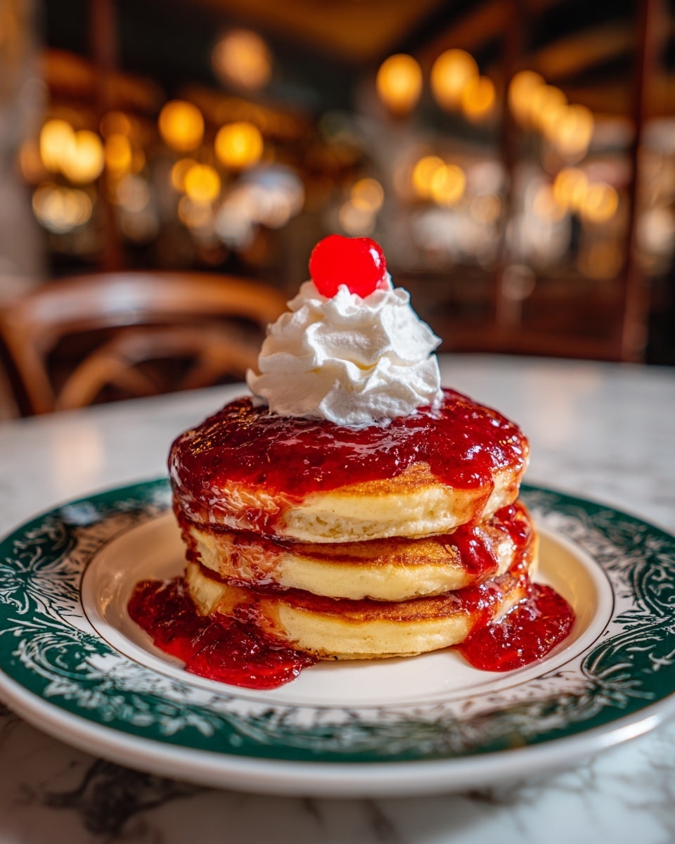 The image shows a stack of three golden brown pancakes on a white plate with a dark green ornate pattern. Between the pancake layers, there is a thick red, chunky strawberry sauce that slightly drips down the sides. On top of the stack, there is a dollop of white cream crowned with a single red cherry. The plate rests on a white marbled surface, and in the background, soft warm lighting highlights the cozy setting. Photo taken with an iphone --ar 4:5 --v 7