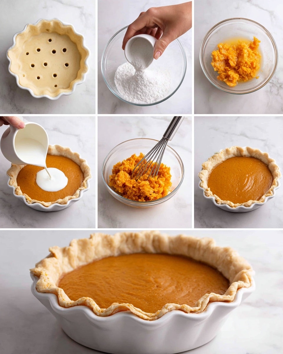 The collage shows six images of a pumpkin pie being made. The first image shows a white pie crust pressed into a white pie dish with small fork holes in the dough. The second photo shows a woman's hand pouring white sugar from a white bowl into a glass bowl with eggs inside. The third image shows mashed orange pumpkin added to the egg mixture in the glass bowl with a metal whisk inside. The fourth image shows a woman's hand pouring a white liquid from a white pitcher into the glass bowl containing the pumpkin mix. The fifth image shows the smooth pumpkin pie filling poured evenly into the white pie crust with crimped edges. The sixth image shows the baked pumpkin pie with an even golden-brown color and the same crimped white crust, all on a white marbled surface photo taken with an iphone --ar 4:5 --v 7