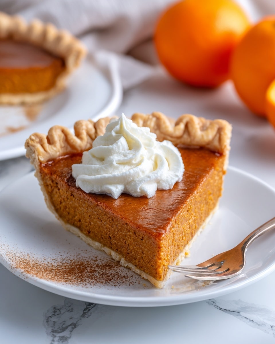 A slice of orange-brown pumpkin pie with a thick, crimped light brown crust sits centered on a white plate, topped with a small swirl of white whipped cream in the middle. The pie filling is smooth and dense with a slightly textured surface. There is a dusting of cinnamon powder near the bottom right edge of the plate. In the background, two whole fresh oranges rest on a white marbled surface, along with a white plate holding more pieces of pie. Photo taken with an iphone --ar 4:5 --v 7