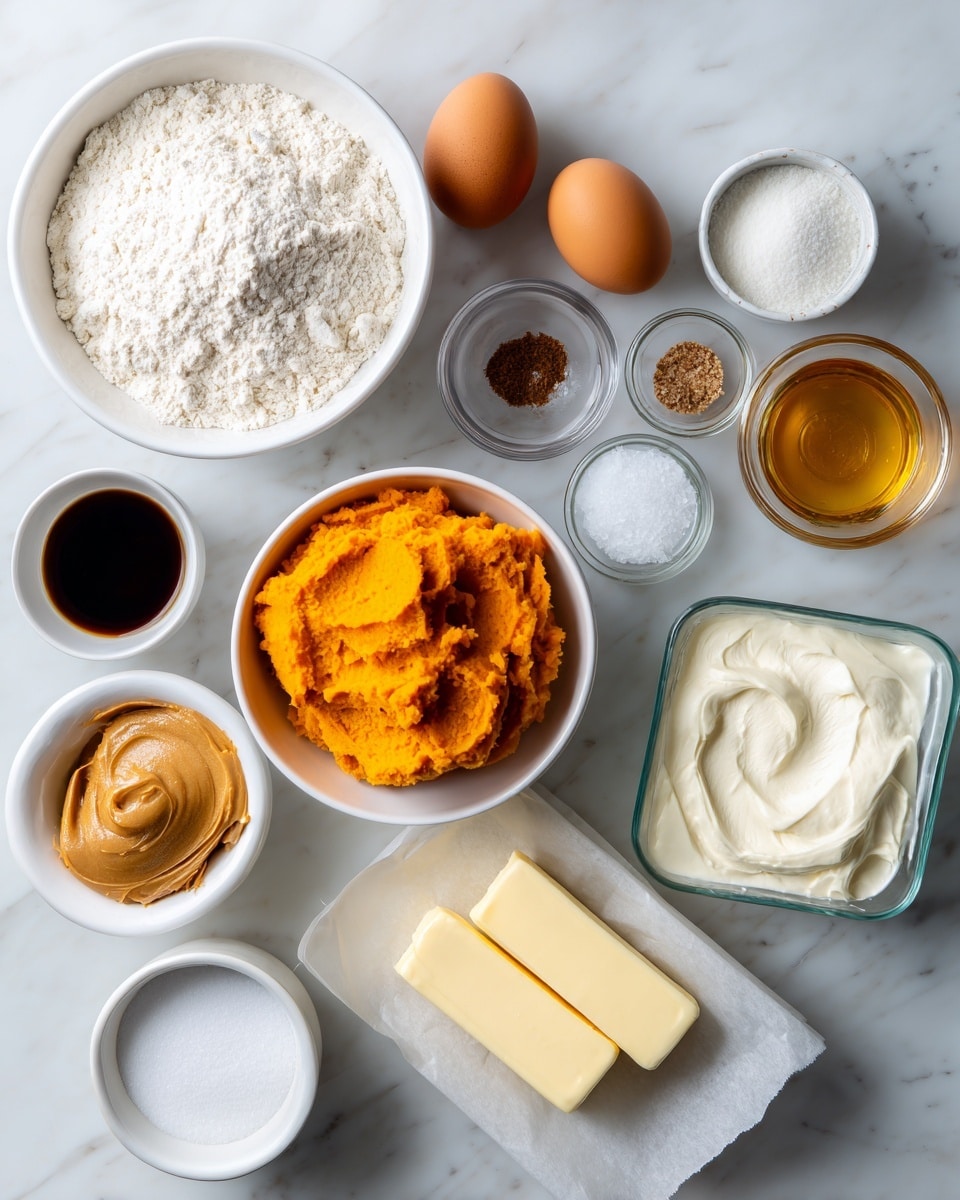 The image shows a white marbled surface with several white bowls and glass containers arranged neatly. There is a large white bowl filled with flour on the upper left, next to it a small white bowl holding two brown eggs. Nearby, a small white bowl contains a dark liquid, likely vanilla extract. In the center, a white bowl holds bright orange mashed sweet potato. Small glass containers hold various spices, including a tiny white bowl with a granular ingredient, possibly salt. On the right, there's a rectangular glass container filled with white creamy substance, likely cream cheese, and beside it, two sticks of butter on parchment paper. At the bottom left, a white bowl contains thick peanut butter. Next to it are white bowls, one with sugar crystals and another with golden honey or syrup. On the bottom right, a white bowl is filled with powdered sugar. The whole setup is clean and organized, ready for baking. photo taken with an iphone --ar 4:5 --v 7
