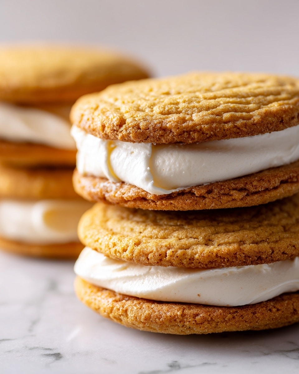 The image shows a stack of sandwich cookies with two thick golden-brown layers that look soft and slightly crumbly. Between these cookie layers, there is a thick white cream filling that looks smooth and fluffy, slightly spilling out at the edges. The cookies have a warm, inviting color with a slightly rough texture, stacked on a white marbled surface. The focus is close-up, highlighting the texture and letters on the cookie surface, making the filling stand out as creamy and fresh. photo taken with an iphone --ar 4:5 --v 7