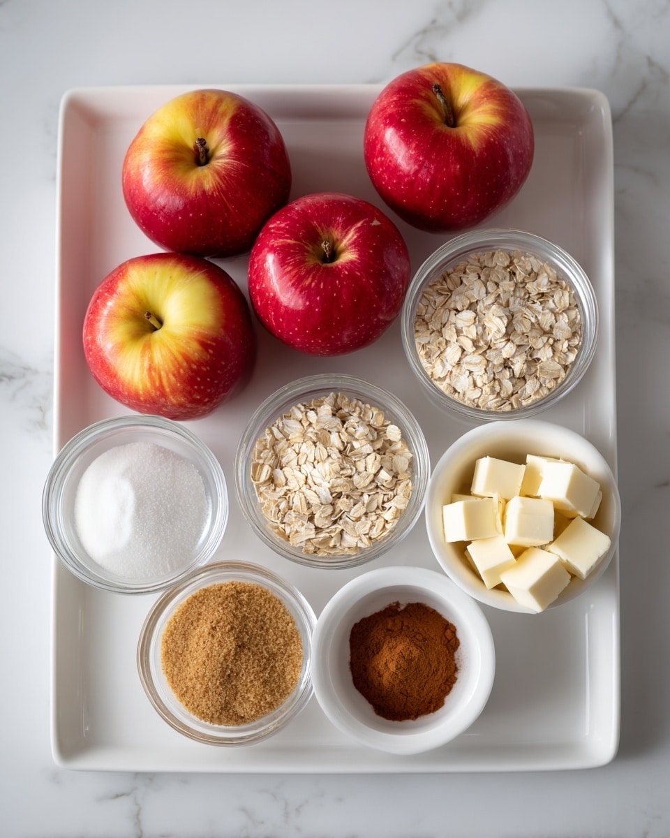 The image shows a white square tray in the center holding six red apples with yellow tones. Around the tray, there are six small white bowls placed on a white marbled surface. The bowls contain different ingredients: one has light brown sugar, one has oats, one has flour, one has white granulated sugar, one has small white cubes of butter, and one has cinnamon powder. Each bowl is round and clear or white, arranged neatly around the tray of apples. Photo taken with an iphone --ar 4:5 --v 7