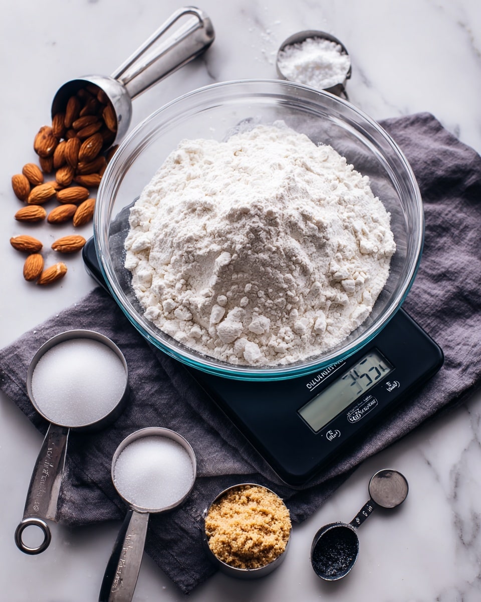 A clear glass bowl filled with a mound of white flour is placed on a digital scale showing the weight 331.7. Around the bowl, there are metal measuring cups and spoons with white interiors scattered on a soft dark gray cloth. A small metal cup contains white sugar, a black spoon holds light brown sugar, and a black measuring spoon is filled with golden brown sugar. A few whole almonds and a metal scoop of almonds are also visible near the top left. All items rest on a white marbled surface. photo taken with an iphone --ar 4:5 --v 7