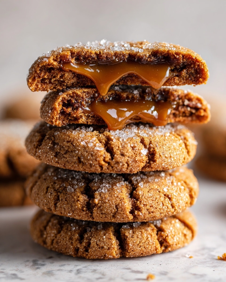 A close-up view of a stack of four brown cookies on a white marbled surface. The top cookie is broken in half, showing a soft, shiny caramel layer inside with a sticky texture. The cookie surfaces are cracked, with a rough, crumbly texture and sprinkled with coarse sugar crystals that sparkle. The cookies have a warm golden-brown color with darker brown edges. photo taken with an iphone --ar 4:5 --v 7