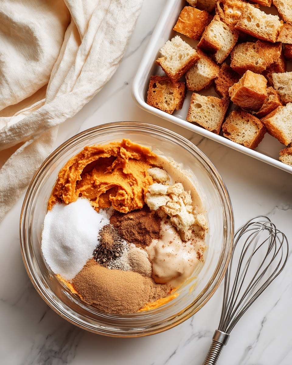In the image, a clear glass mixing bowl sits on a white marbled surface, filled with several separate ingredients ready to be mixed; there is a bright orange layer of pumpkin puree, a light brown pile of brown sugar, dark specks of cinnamon, white granulated sugar, and a splash of milk, creating a mix of smooth and powdery textures all placed side by side in the bowl. To the right of the bowl is a white metal baking tray filled with lightly toasted bread cubes that have a golden-brown top layer, showing some texture and chunkiness. A silver metal whisk with thin wire loops lies on the surface nearby, while a cream-colored cloth with soft folds rests in the upper left corner. Photo taken with an iphone --ar 4:5 --v 7