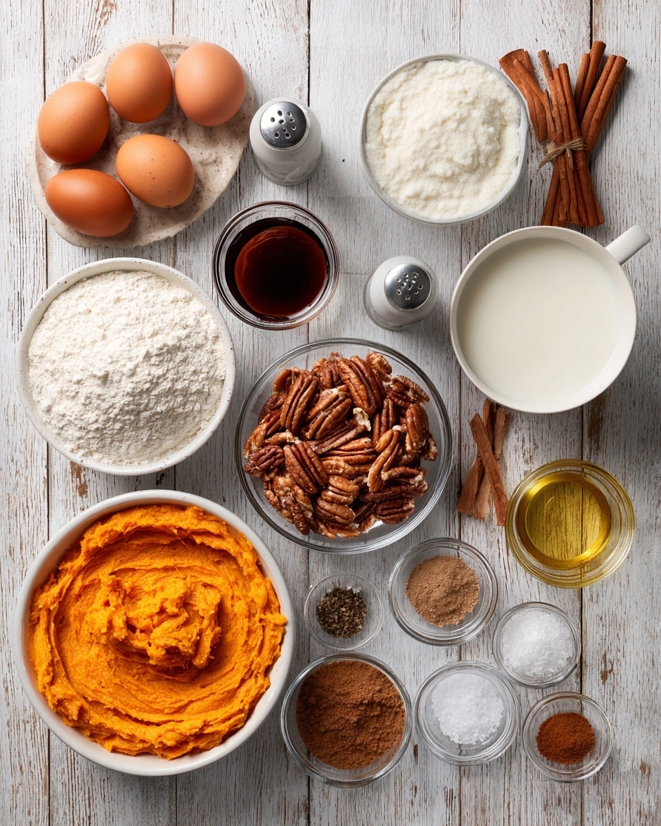 A collection of baking ingredients is arranged on a wooden table with a white marbled texture. There are six brown eggs grouped on the left side. Below the eggs is a white bowl filled with white flour. To the right of the flour is a small white bowl with dark brown vanilla extract. Above it is a white cup holding milk. Centered are two clear glass bowls full of chopped pecans, one larger and one smaller. To the right of these is a small clear cup with a golden liquid, possibly oil. A big white bowl on the right contains bright orange mashed pumpkin or sweet potato with a swirl texture. Around these main items are small clear bowls with salt, baking powder, and various brown and dark brown spices including cinnamon sticks. Two clear shakers for salt and pepper stand near the center back. photo taken with an iphone --ar 4:5 --v 7