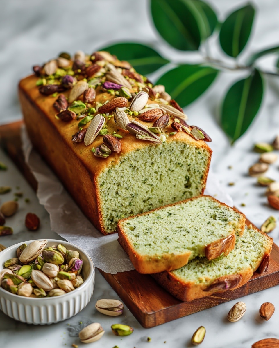 The image shows a loaf of pistachio bread placed on a wooden board over a white marbled surface. The loaf is sliced to reveal a soft green inside texture, contrasting with the golden brown top crust. The top of the bread is decorated with roasted pistachios scattered unevenly and sticks of almonds positioned toward one side. Around the board, loose pistachio nuts add extra detail, and next to the bread is a small white bowl filled with more pistachios. Lush green leaves are blurred in the background for added color. The overall look is fresh and inviting. photo taken with an iphone --ar 4:5 --v 7