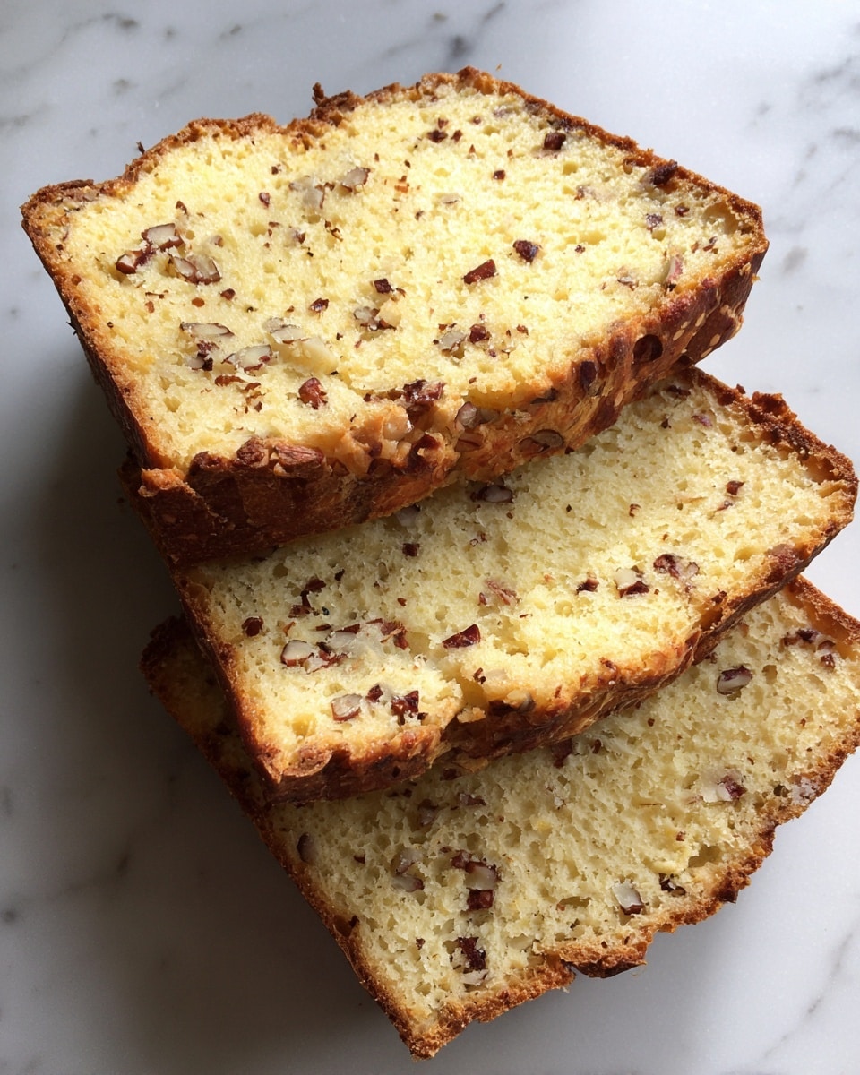 A sliced loaf of bread with three visible layers, each slice showing a light yellow texture with small dark brown nut pieces spread throughout. The crust is a darker golden brown with a rough, slightly crumbly texture. The slices are stacked slightly leaning back on a white marbled surface. The inside looks soft and moist, contrasting with the firm crust. Photo taken with an iphone --ar 4:5 --v 7