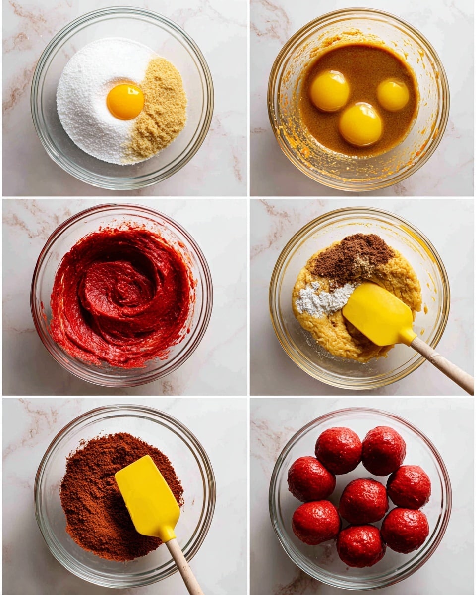 There are six images showing steps of making red dough in a clear glass bowl on a white marbled surface. The first image shows three layers: a white granulated sugar pile, a light yellow butter dollop, and a darker brown sugar mound arranged separately. The second image shows the mixture combined with a yellow egg yolk added on one side, creating a thicker, light brown batter texture covering most of the bowl. The third image shows the light brown dough with dark red liquid swirled on top, creating a circle pattern. The fourth image shows several dry ingredients sprinkled on top: white flour, dark brown cocoa powder, and bright red dough still visible underneath. The fifth image shows a thick, smooth bright red dough with a yellow spatula in the bowl. The sixth image shows round red dough balls on a pale mat next to a silver scooper holding some dough, with a baking tray on the side. Photo taken with an iphone --ar 4:5 --v 7