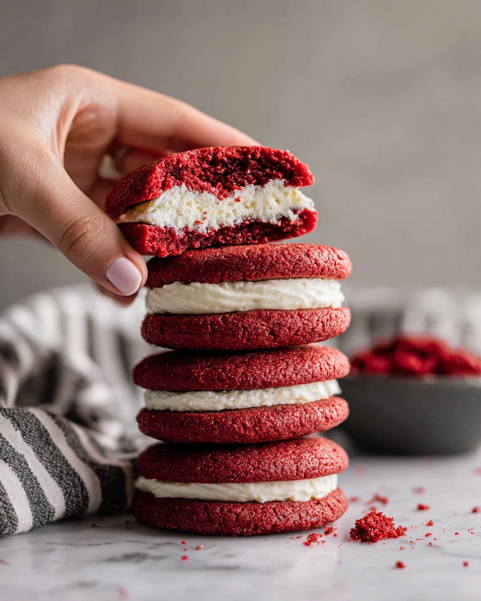 A stack of four red velvet cookies with white cream filling stacked on top of each other, showing smooth, thick cream layers between the bright red, soft-textured cookie layers. The cookies have a slightly crumbly surface with some crumbs scattered around. In the background, there is a blurred dark grey bowl and striped cloth on a white marbled surface. A woman's hand is gently holding the top cookie that is split in half, highlighting the creamy filling inside. Photo taken with an iphone --ar 4:5 --v 7