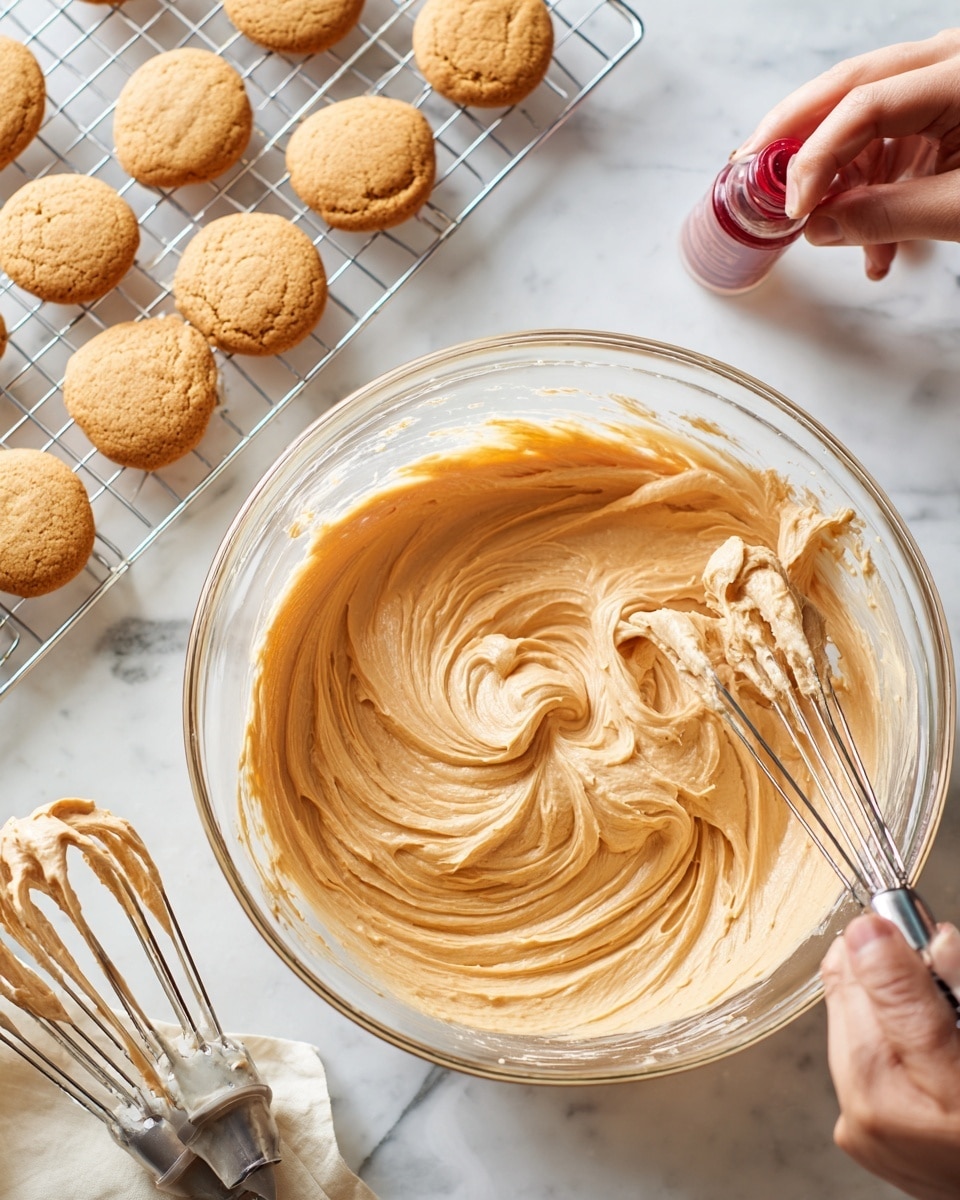A clear glass bowl sits on a white marbled surface, filled with a light brown creamy mixture that has soft swirls on top. Next to the bowl are two electric mixer beaters covered with the same creamy mixture. On the left side of the image, a cooling rack holds small round baked cookies with a golden brown color. One woman's hand holds a small bottle of red food coloring near the bowl. photo taken with an iphone --ar 4:5 --v 7