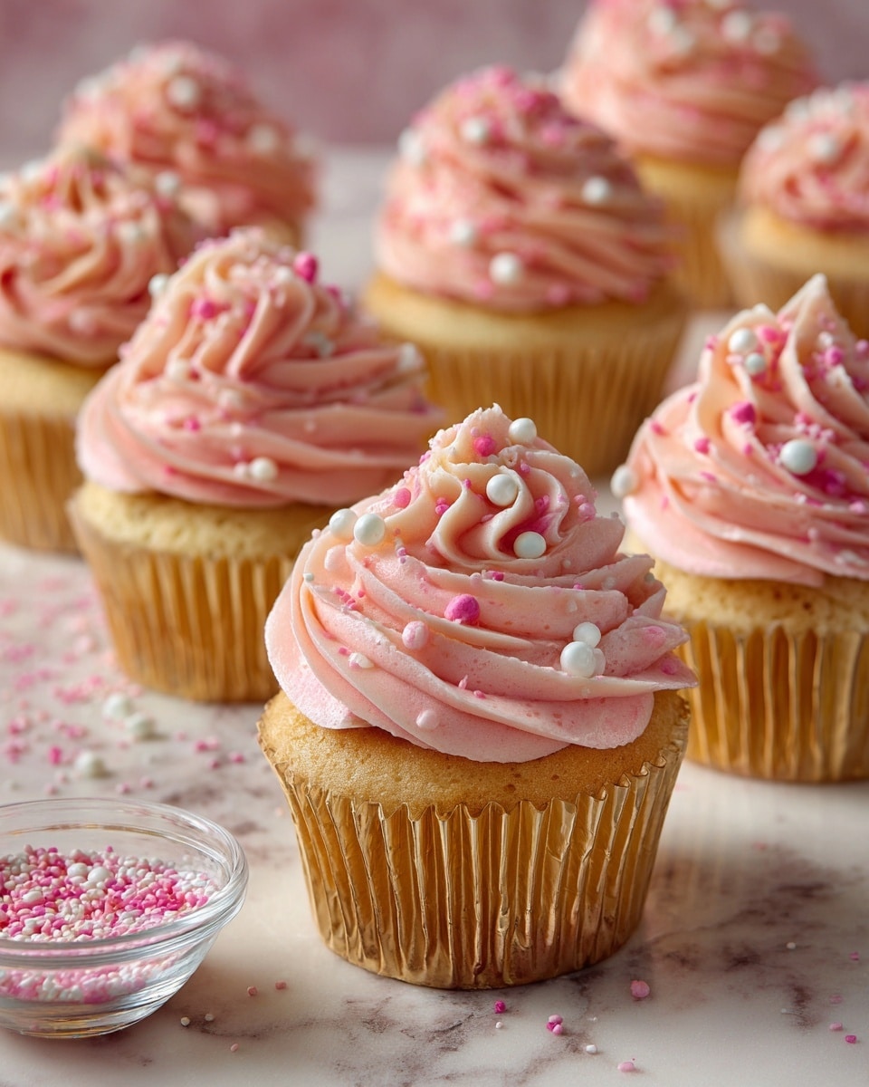 The image shows a group of cupcakes with shiny gold wrappers on a white marbled surface. Each cupcake has a pink fluffy frosting swirled on top, decorated with small round white and pink sprinkles. The frosting looks smooth and creamy with a soft texture. One cupcake is focused in the front while many others are arranged in the background, slightly out of focus. A small clear bowl with more pink and white sprinkles is placed nearby. The overall look is soft, sweet, and colorful. photo taken with an iphone --ar 4:5 --v 7