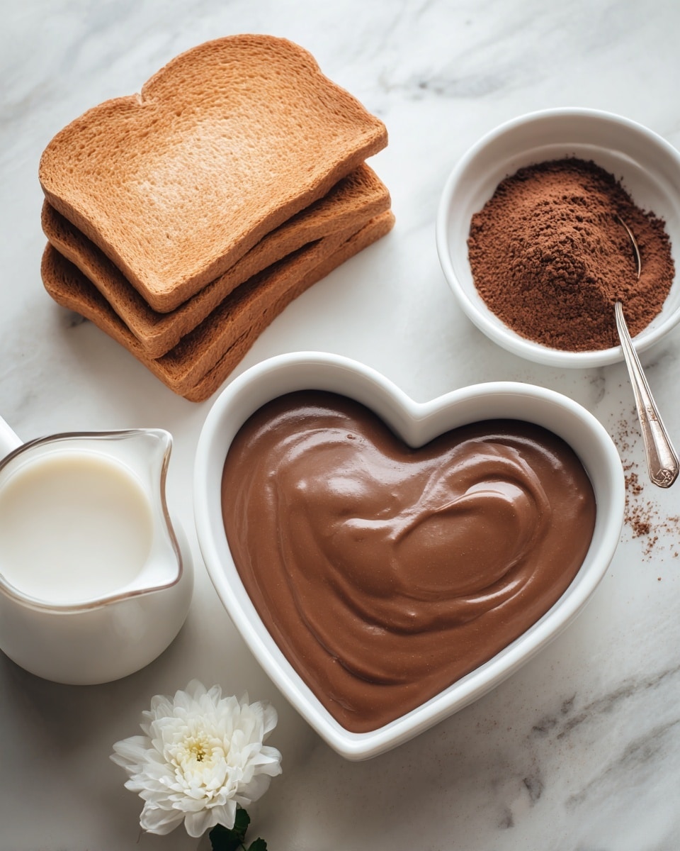 The image shows a heart-shaped white bowl filled with smooth chocolate pudding with a shiny surface. Next to it on the white marbled texture are four brown rectangular toasts stacked unevenly. There is a small clear white ceramic pitcher filled with milk placed near the top left of the bowl, and a white bowl with dark brown cocoa powder on the right side. A small white flower lies between the pitcher and the bowl on the white marbled surface. Photo taken with an iphone --ar 4:5 --v 7