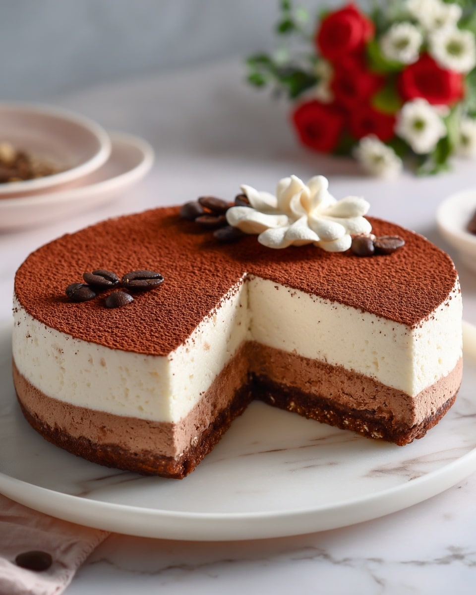 A round layered dessert on a white plate with three main layers: a thick brown base with a soft cake texture, a thick creamy white middle layer that is smooth and fluffy, and a thin brown top layer dusted evenly with cocoa powder. There is a single slice slightly pulled out of the cake, showing clean, even layers. On top, there are two coffee beans and one white flower decoration on one side. The setting includes a white marbled surface, a blurred background with a small bouquet of red and white flowers in soft focus, and a woman's hand gently touching the edge of the plate. photo taken with an iphone --ar 4:5 --v 7