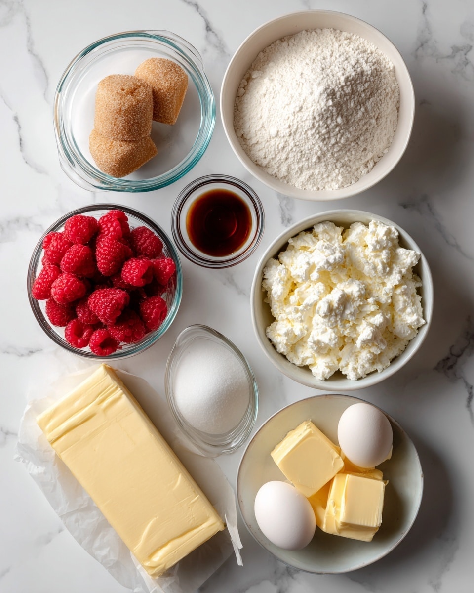 The image shows ingredients arranged neatly on a white marbled surface. There is a clear glass bowl with two light brown sugar scoops and white sugar, a small bowl of red raspberries, a medium bowl filled with white flour, a small bowl of white cottage cheese, one white egg, a stick of yellow butter wrapped in paper, a small glass bowl with a clear liquid, and a small dish of dark brown vanilla extract. The items are spaced evenly, and the colors of the ingredients stand out against the white background. photo taken with an iphone --ar 4:5 --v 7