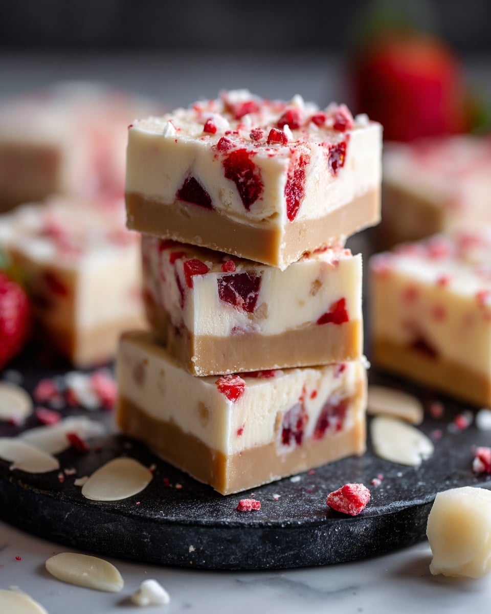 The image shows a stack of three square pieces of dessert on a dark round board. Each piece has three layers: the bottom layer is light brown and smooth, the middle layer is creamy white with red chunks mixed inside, and the top layer is creamy white with more red bits sprinkled on top. More pieces of the dessert are blurred in the background, and a few white almond slices are scattered on the white marbled surface around the board. A white strawberry lies near the bottom right side of the board. Photo taken with an iphone --ar 4:5 --v 7