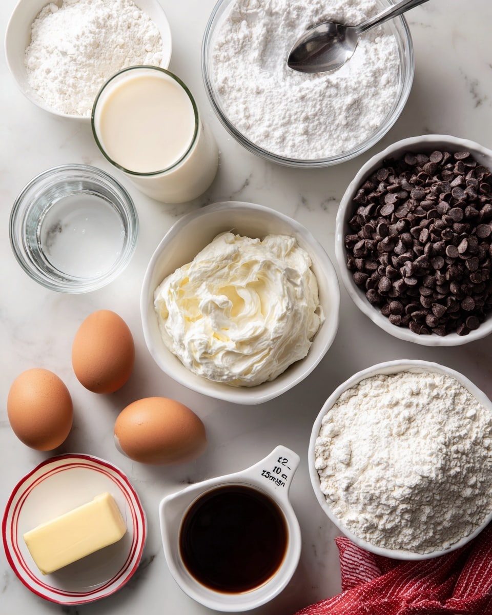 A white marbled surface holds several clear and white bowls and glass containers with cooking ingredients: at the top right is a white bowl filled with dark chocolate chips, next to it on the left is a white bowl with white powdered sugar, below that a spoon is resting inside a white bowl filled with creamy white yogurt or sour cream. Below center, two brown eggs sit side by side on the surface. To the left of the eggs is a tall glass of light beige milk. To the bottom left is a glass bowl with water, nearby a small piece of yellow butter lies on a white plate with red rings. To the right of the butter, there is a white measuring cup holding dark brown liquid, likely vanilla or syrup. In the bottom right corner, a white bowl filled with white flour is partially visible, with a red cloth peeking out below it. The image shows carefully arranged baking ingredients on a clean white marbled background. photo taken with an iphone --ar 4:5 --v 7