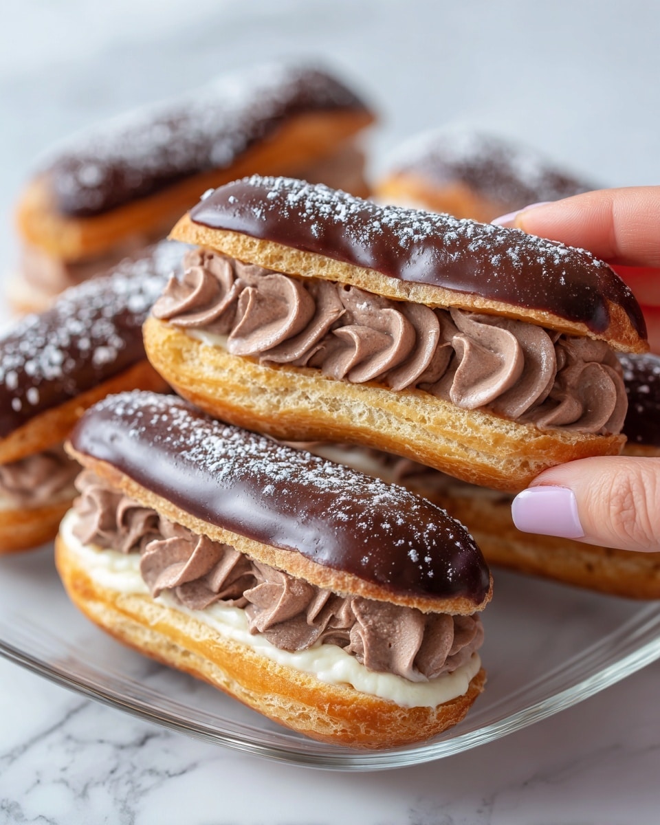 The image shows a clear glass plate on a white marbled surface, filled with chocolate éclairs. Each éclair has a golden brown choux pastry base with a smooth, shiny chocolate glaze on top. Inside, there is a thick layer of soft, light brown chocolate cream piped in swirls that are visible under the glaze or exposed on the open éclairs. Some éclairs have powdered sugar dusted lightly on the chocolate glaze. A woman's hand is holding one éclair, showing the cream layer clearly. photo taken with an iphone --ar 4:5 --v 7