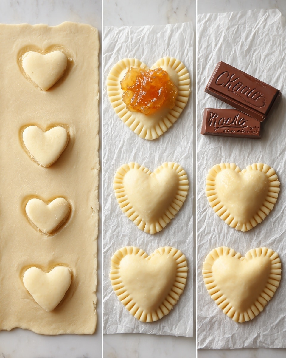 The image shows three steps of making heart-shaped pastry treats on a white marbled surface. The first step features raw dough cut into small heart shapes with scalloped edges, pale beige in color, lying flat on the surface. The second step shows one heart-shaped dough piece topped with a small pile of orange jam and a piece of milk chocolate with a brand name embossed on it, both centered on the dough. The third step reveals several heart-shaped pastries sealed around the edges with fork marks, their smooth, pale golden dough slightly puffed, arranged on a baking sheet with white parchment paper. Photo taken with an iphone --ar 4:5 --v 7