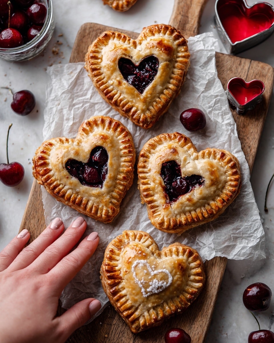 The image shows several heart-shaped pastries on white crinkled paper over a wooden cutting board. Each pastry has a golden-brown crust with crimped edges and a cut-out heart in the center, revealing a filling of dark red cherries with a glossy texture. One small dough heart decoration sits on each pastry near the cut-out. A white marbled surface is visible behind the board, and a woman's hand is reaching towards one of the pastries on the left side. There is also a red heart-shaped cookie cutter nearby and a small glass container with extra cherries. photo taken with an iphone --ar 4:5 --v 7