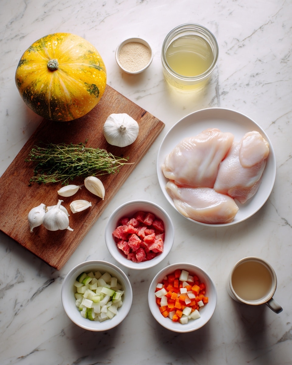 The image shows several white bowls and a cutting board arranged on a white marbled surface. In the top left, there is a yellow squash with a textured skin and a few cloves of white garlic. A glass jar of light yellow liquid sits next to the squash on the wooden cutting board. On the cutting board, there is a small pile of fresh green herbs and a small white bowl with a beige powder inside. To the right of the board, a large white plate holds two smooth, pale pink raw chicken pieces. Below, there are three small white bowls arranged in a row: the first holds small red chunks of meat, the second contains white liquid, and the third has chopped vegetables including small orange carrot pieces, light green celery pieces, and white onion pieces. A small cup with a light brown liquid sits beside the cutting board. photo taken with an iphone --ar 4:5 --v 7