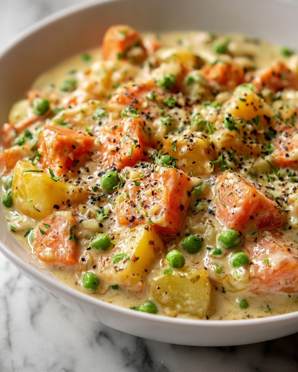 The image shows a creamy stew served in a white bowl, filled with many small chunks of orange carrots, yellow potatoes, and bits of green peas all mixed in a thick, light beige sauce. The stew is topped with black pepper and small green herb pieces for color. The creamy texture looks smooth and rich, with the vegetables layered evenly throughout the bowl. The background is a white marbled surface. photo taken with an iphone --ar 4:5 --v 7