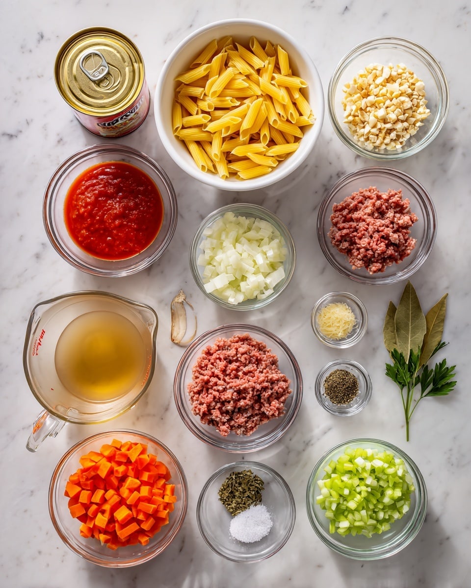 The image shows many clear glass bowls and measuring cups arranged neatly on a white marbled surface, each filled with different raw ingredients for cooking. Starting from the top, a white bowl holds uncooked yellow penne pasta. Around it are bowls with finely chopped white onions, chopped nuts, and two kinds of raw ground meat with a pink color. A glass measuring cup contains a light yellow liquid, likely oil, and another one has a light brown broth or stock. On the left side, a can of tomato sauce sits near a bowl of bright red crushed tomatoes and another bowl of chopped orange carrots. There are also small bowls with salt, black pepper, chopped green celery, minced garlic, dried thyme, a bay leaf, and a spoonful of honey. The ingredients are arranged in a clean, orderly way with bright, natural lighting. Photo taken with an iphone --ar 4:5 --v 7