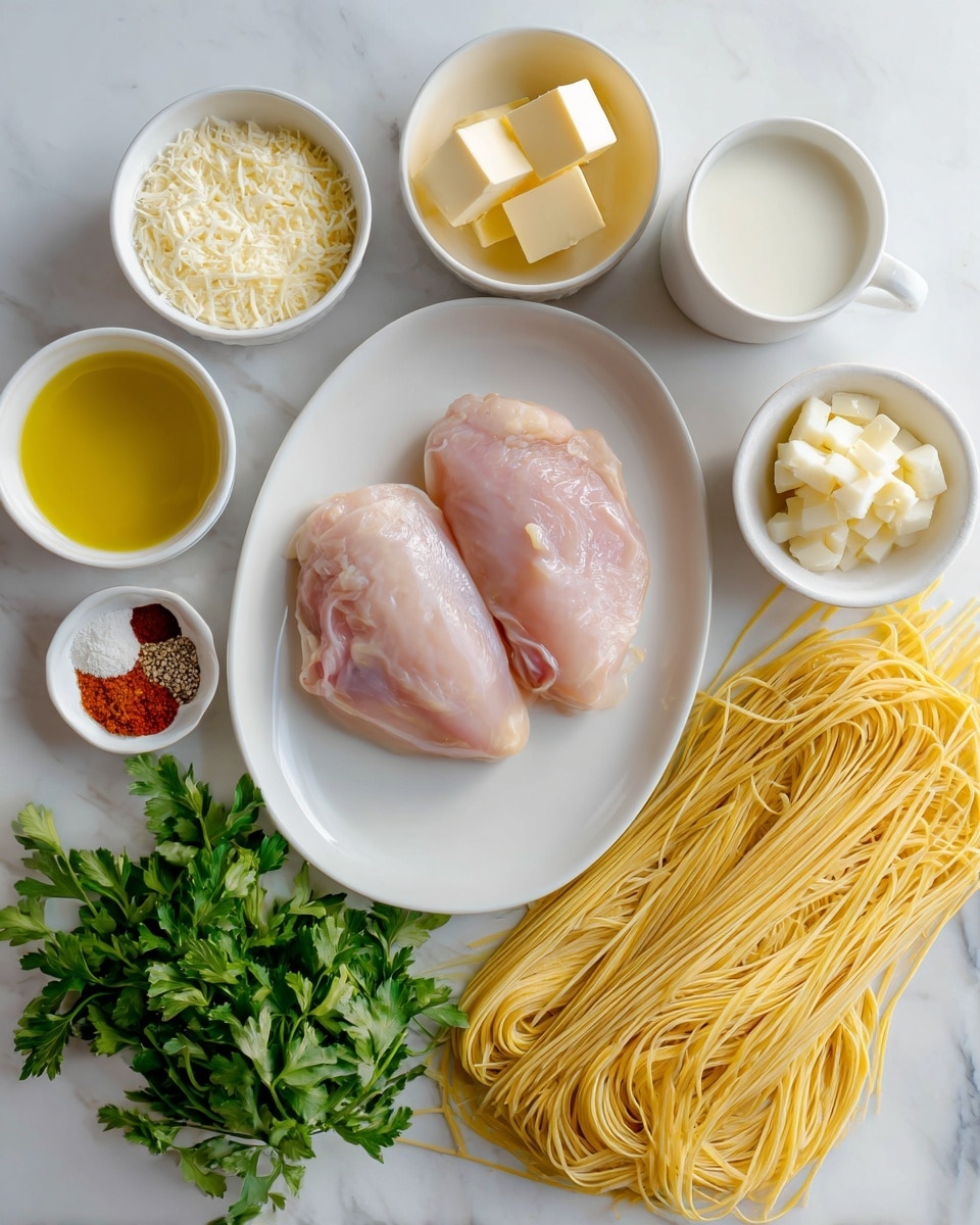 The image shows uncooked pasta strands spread out on a white marbled surface with two raw pink chicken pieces placed neatly on a white oval plate to the right of the pasta. Around the plate and pasta, there are several small white bowls containing different ingredients: one bowl with golden olive oil, a bowl with small cubes of pale yellow butter, a bowl with white creamy cheese, and a bowl with a wedge of light yellow cheese. There is also a white cup filled with milk and a small white plate holding salt, mustard, red chili powder, and three garlic cloves. In the lower left part of the image, a bunch of fresh green parsley is placed on the white marbled surface. The overall look is clean and organized. photo taken with an iphone --ar 4:5 --v 7