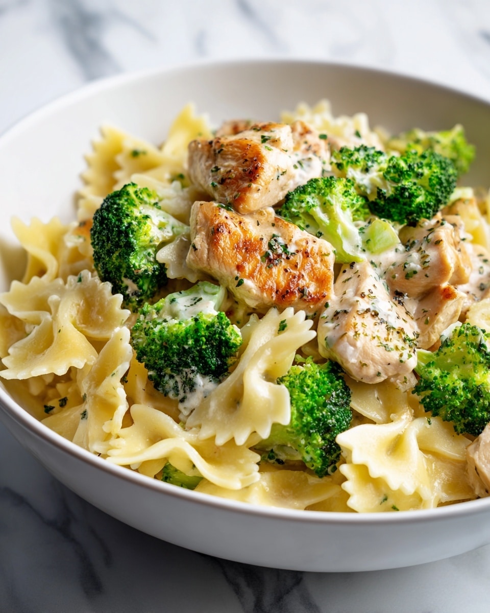 The dish is served in a white bowl and has three main layers. The bottom layer is farfalle pasta, pale yellow with a smooth texture. On top of the pasta, there are bright green broccoli florets, fresh and slightly textured. The top layer has pieces of light brown cooked chicken with a slightly darker seared surface. All layers are coated in a light creamy white sauce with small green herb bits. The bowl is placed on a white marbled surface. Photo taken with an iphone --ar 4:5 --v 7