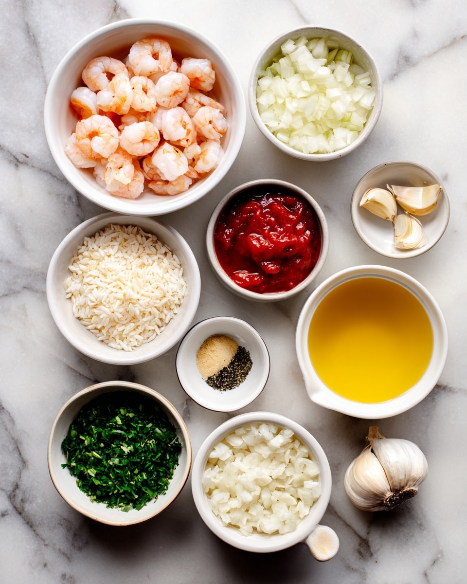 The image shows several white bowls arranged on a white marbled surface, each filled with different ingredients. One bowl contains small cooked shrimp with a pinkish tint, another holds white rice grains, while a third is filled with diced onions. A small bowl has bright red jam or sauce, and a pot with light yellow broth is present. There is a medium bowl with chopped green herbs, as well as small bowls holding oil and other seasonings. Three cloves of garlic are placed directly on the marble surface, adding to the cooking setup's variety of textures and colors. photo taken with an iphone --ar 4:5 --v 7
