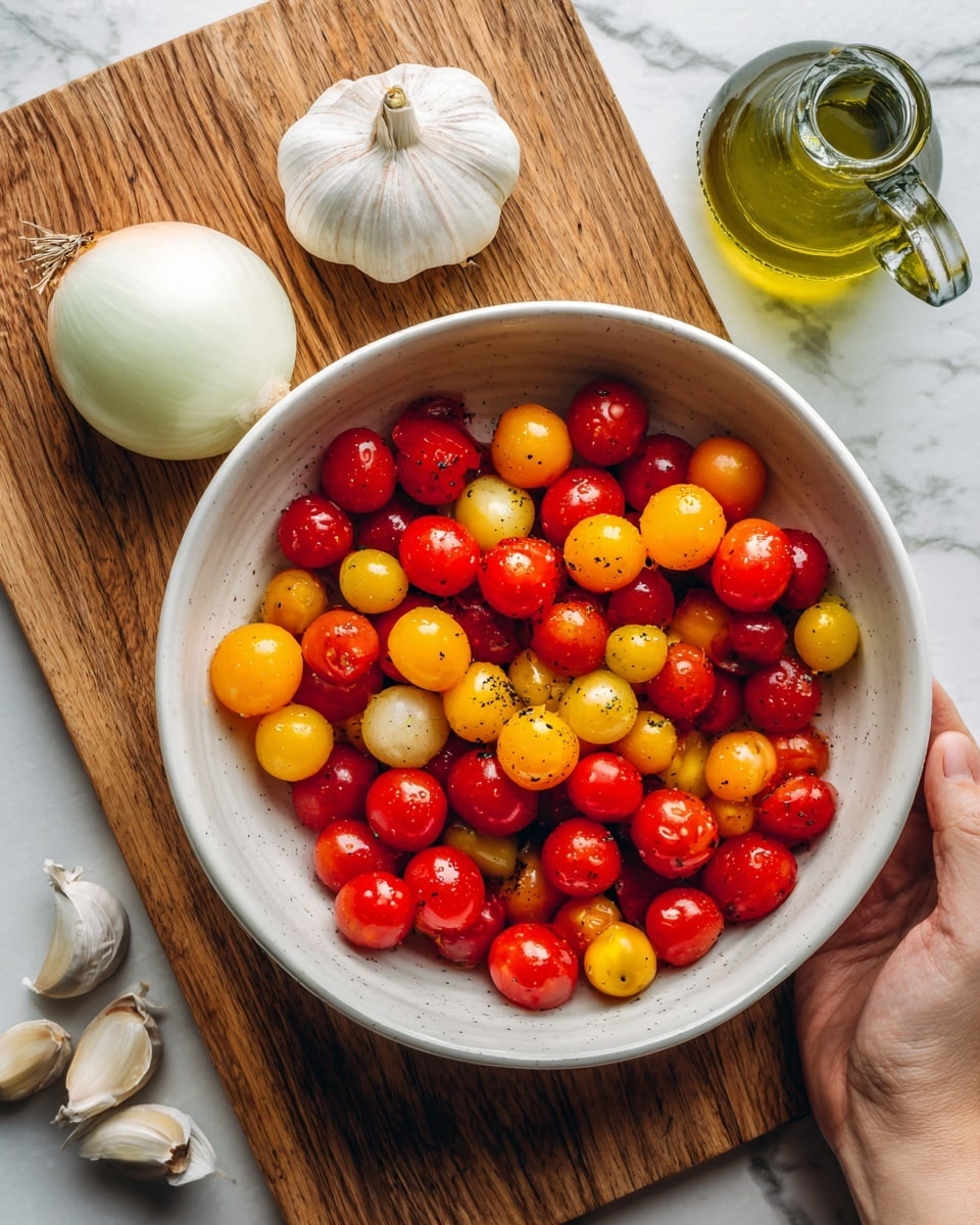 A white bowl filled with a mix of small cherry tomatoes in red and yellow colors along with larger red tomatoes, sitting on a wooden board. Next to the bowl is a whole white onion and a small cluster of garlic cloves. There is a bottle of green olive oil behind the bowl. The surface is a white marbled texture. A woman's hand is just visible holding the edge of the wooden board. photo taken with an iphone --ar 4:5 --v 7