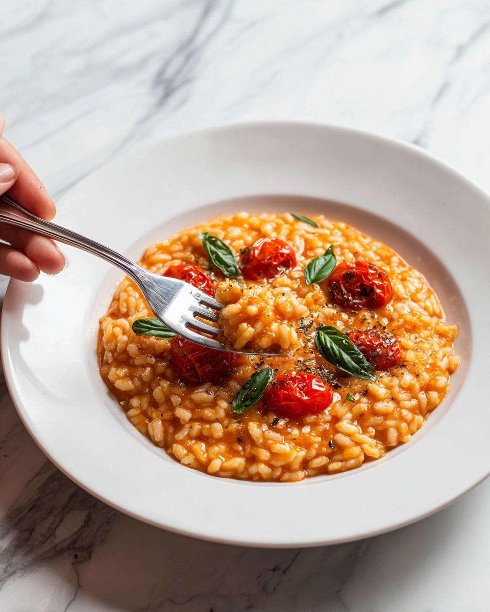 The image shows a white plate filled with creamy tomato risotto with a slightly thick texture. The risotto is orange-red in color, covered evenly with small grains of rice cooked in a rich sauce. On top, there are pieces of red and green roasted cherry tomatoes scattered around, adding color contrast. Small fresh green basil leaves are placed sparsely for decoration. A silver fork is stuck into the risotto with a woman's hand holding it, lifting a portion of the rice. The background is a white marbled surface. photo taken with an iphone --ar 4:5 --v 7
