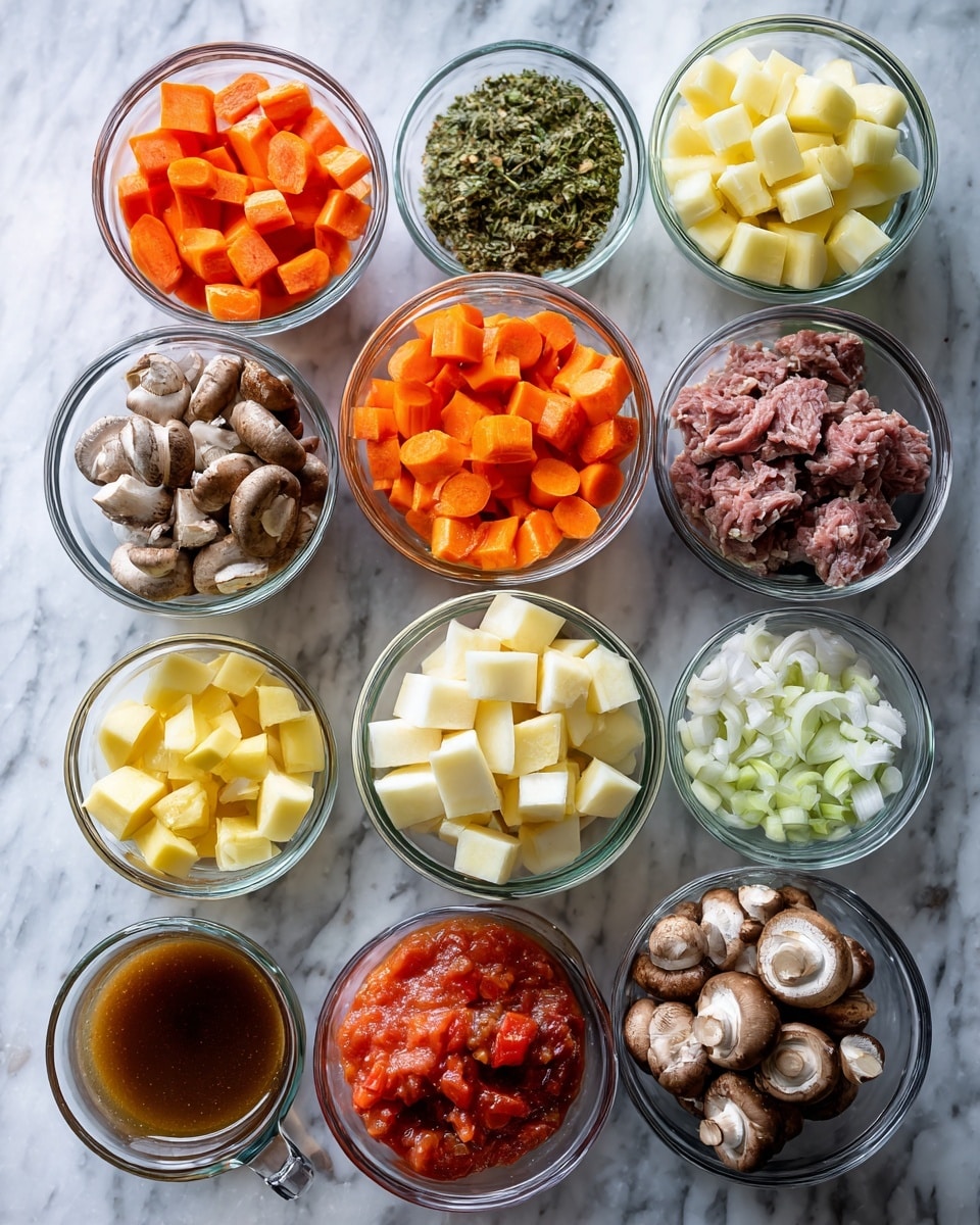 The image shows an overhead view of many small clear glass bowls arranged neatly on a white marbled surface. Each bowl contains different ingredients for cooking: raw cubed meat, orange carrot slices, yellow cubed potatoes, chopped white onions, sliced mushrooms, minced garlic, chopped tomatoes, oil, herbs, spices, and a cup of brown broth. All the ingredients are fresh and colorful, clearly separated to show each element's texture and color. The bowls are organized in a loose circle, creating a balanced, clean, and organized look. Photo taken with an iphone --ar 4:5 --v 7