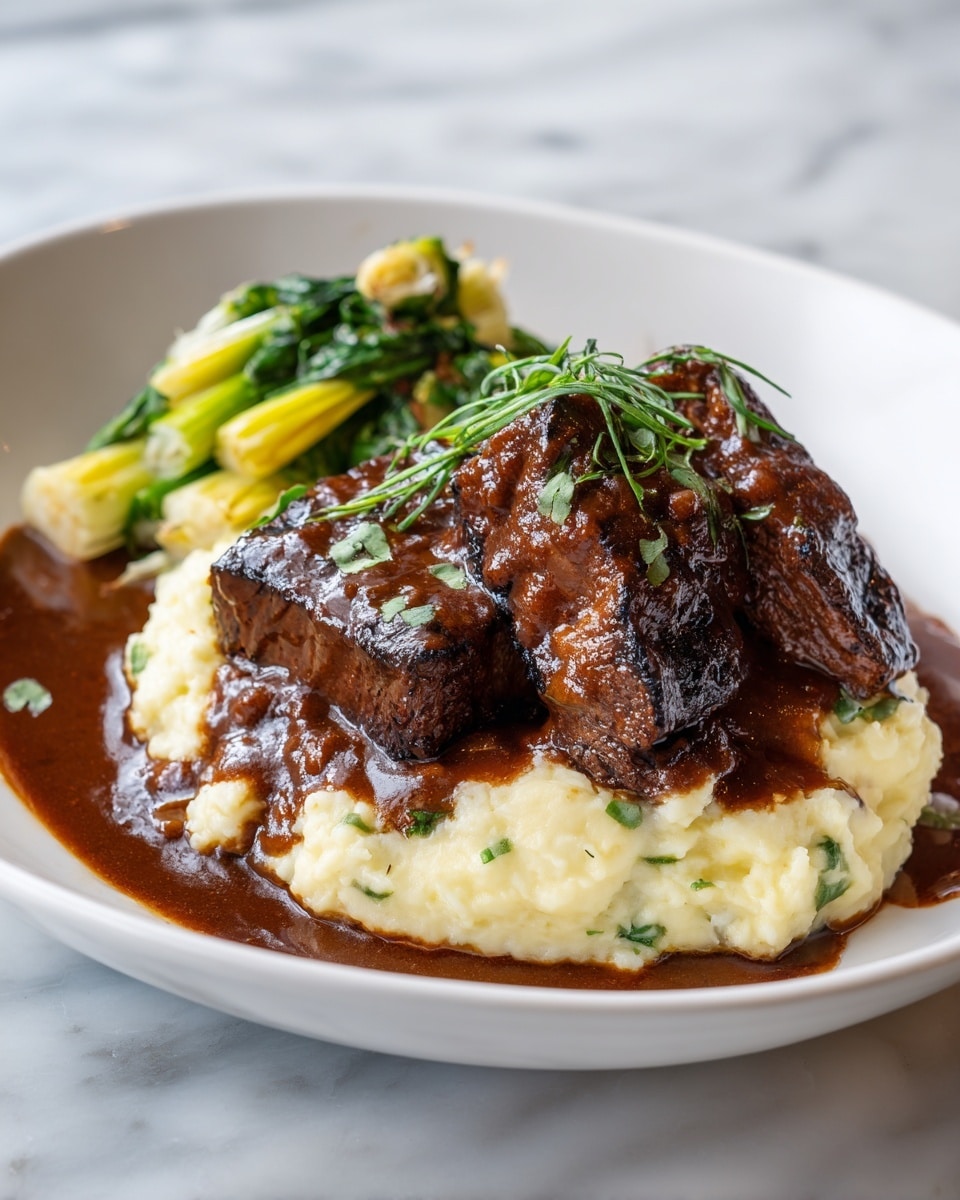 A white plate holds a meal with three parts: the bottom layer is a rough-textured mound of light cream mashed potatoes with small green herb bits, on top sit two thick pieces of dark, grilled meat with charred edges showing a rich brown-black color, all covered generously by a thick, chunky, dark brown sauce that spreads unevenly over the meat and potatoes; to the side, there is a portion of lightly browned cooked vegetables that look like chopped stalks with green leaves, adding yellow and green tones to the plate. The plate is on a white marbled surface. Photo taken with an iphone --ar 4:5 --v 7