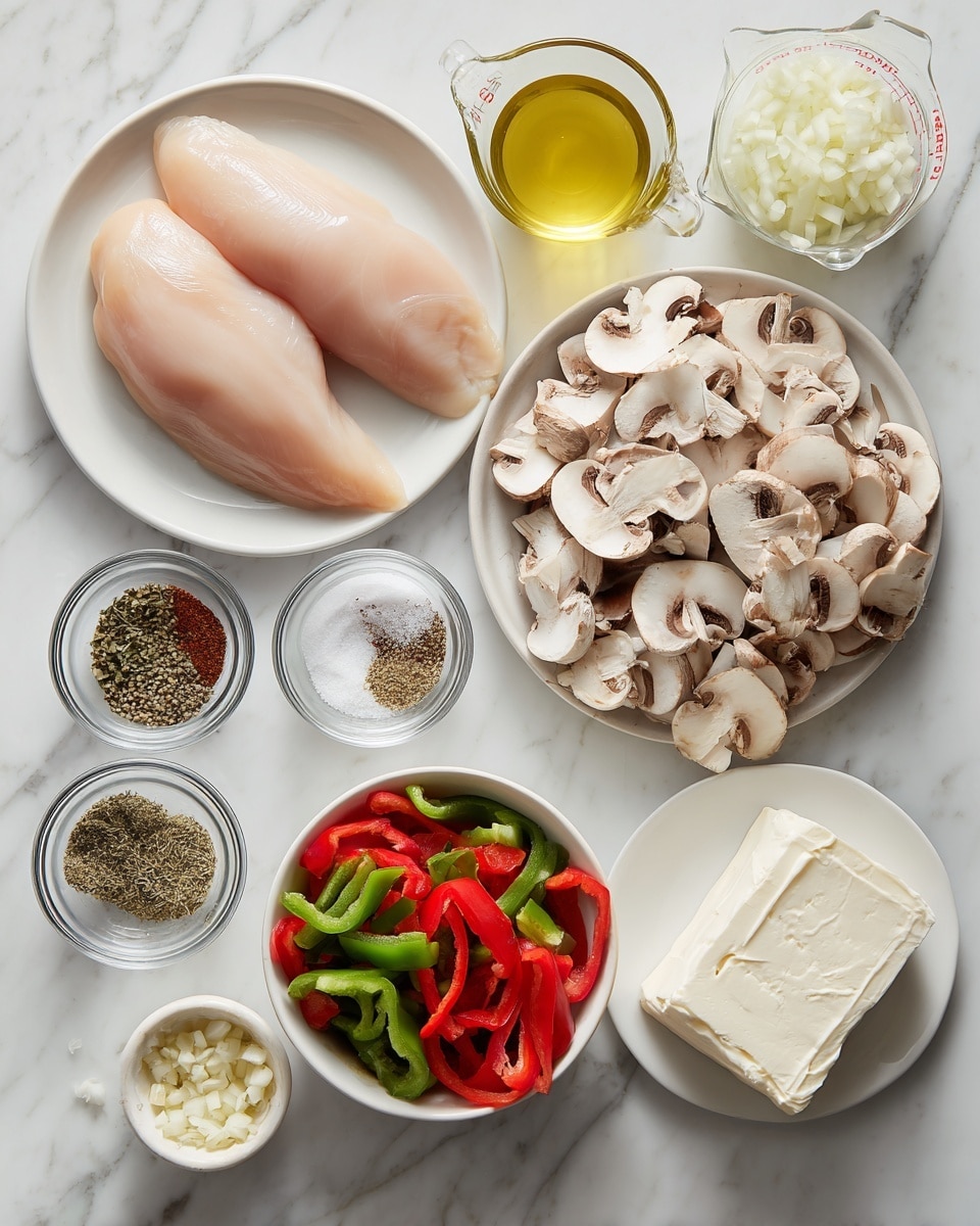 The image shows various raw ingredients neatly placed on a white marbled surface. In the top left, there is a white plate holding two large, smooth, light pink chicken fillets. Directly to the right is a clear glass measuring cup filled with light yellow liquid. Below the plate is a set of small clear glass bowls; one has mixed dry spices in dark green and brownish-red shades, another holds salt and black pepper, and one contains white powder. In the middle is a bowl filled with large slices of brown mushrooms with pale white gills. A bowl with chopped red and green bell peppers is below left, accompanied by a tiny bowl of minced garlic. To the lower right is a white plate with a solid white block of soft cream cheese. Nearby is a small clear jar with a light yellow liquid, likely olive oil, and another small clear bowl with chopped onions. The overall layout is clean and organized, set against the smooth white marbled surface, photo taken with an iphone --ar 4:5 --v 7
