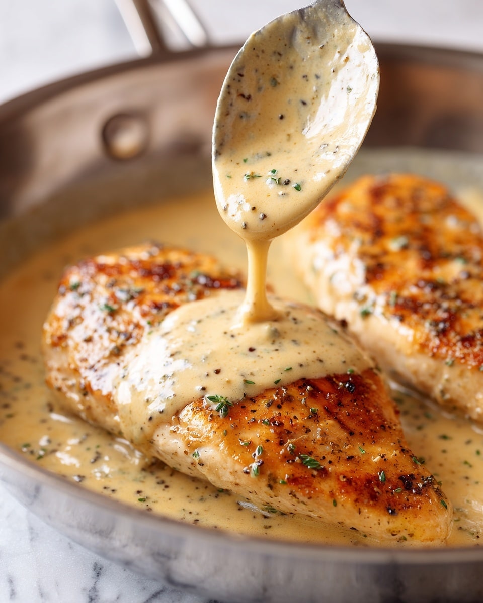 A close-up view of two golden brown cooked chicken pieces lying in a creamy light tan sauce inside a shiny metal pan. A metal spoon held above one chicken piece is pouring more of the smooth, thick sauce onto it. Small dark specks of seasoning and bits of green herbs are sprinkled on the sauce and chicken. The background surface is a white marbled texture. Photo taken with an iphone --ar 4:5 --v 7