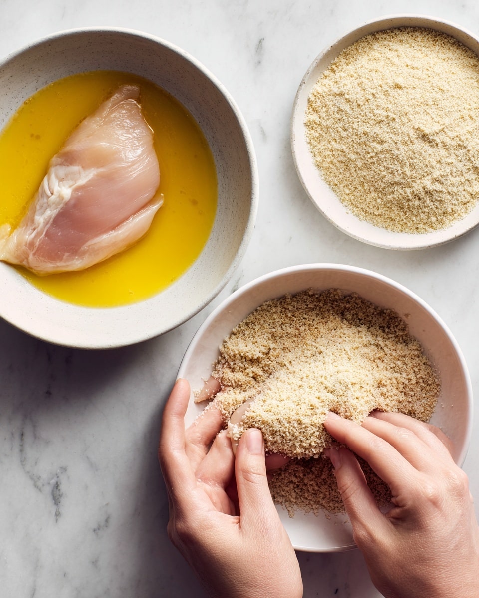 The image shows two white bowls on a white marbled surface. The bowl on the left contains a piece of raw chicken immersed in a yellow beaten egg mixture, with the chicken’s pale pink color contrasting with the bright egg liquid. On the right, there is a bowl filled with light tan breadcrumbs. A woman's pair of hands holds a raw chicken piece partially covered with breadcrumbs in this bowl, with one thumb pressing the coating onto the chicken. The overall look is clean and simple, with the bowls evenly spaced and the white marbled background enhancing the colors of the ingredients. Photo taken with an iphone --ar 4:5 --v 7