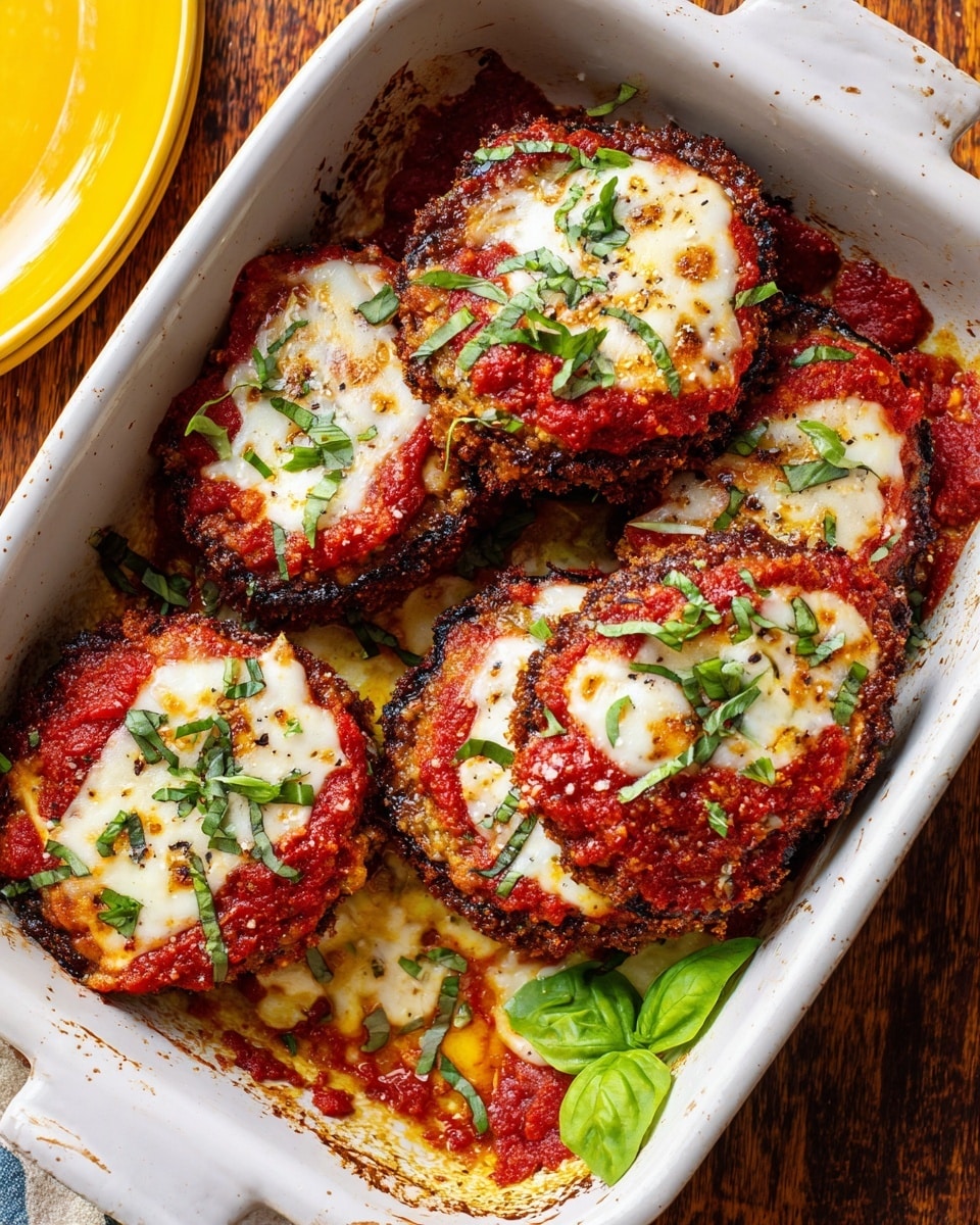 This image shows a white baking dish that holds five pieces of eggplant parmesan, with one space empty revealing the browned, crispy eggplant underneath. Each piece has three main layers: the bottom crispy golden-brown eggplant, a middle white melted cheese layer, and a top layer of thick red tomato sauce with melted cheese on top that is slightly browned. Finely chopped green basil is sprinkled over each piece, while a few whole green basil leaves rest at the bottom. The dish sits on a wooden surface with a piece of a yellow plate visible at the top right corner. photo taken with an iphone --ar 4:5 --v 7
