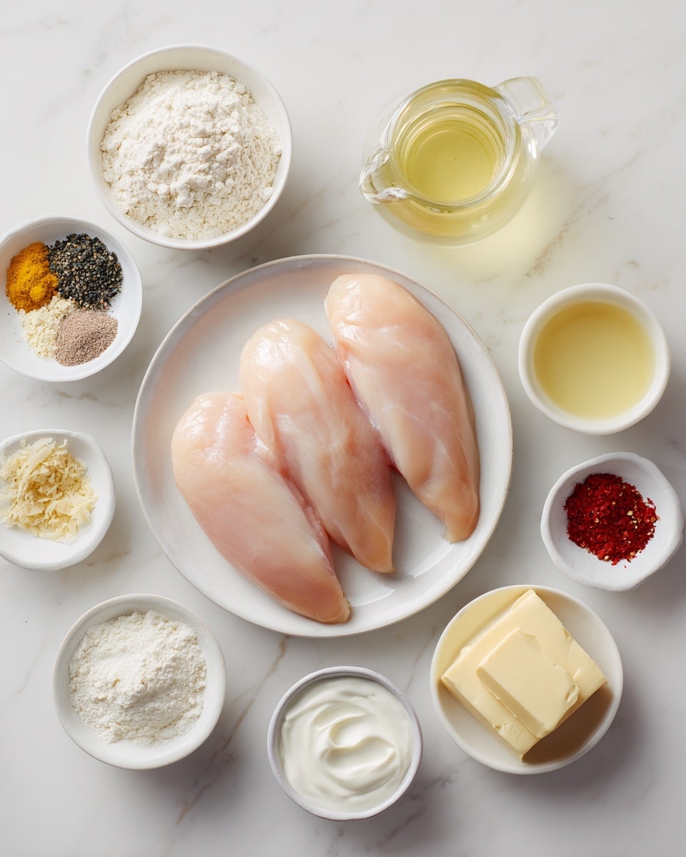 A top view of four raw chicken fillets with a pale pink color, arranged on a white plate placed on a white marbled surface. Around the plate are nine small white bowls with different ingredients: a pale yellow liquid in a glass jug on the right, white flour in a bowl at the top left, a bowl with four spices including black, red, white, and yellow powders, thick white creamy sauce in another bowl, small white powder in one bowl, clear light yellow oil in a fluted bowl, two small beige blocks of butter in another bowl, minced light yellow garlic in a small bowl, and a few other light-colored powders in the remaining bowls. All items are neatly arranged and evenly spaced in a simple, clean setup. Photo taken with an iphone --ar 4:5 --v 7