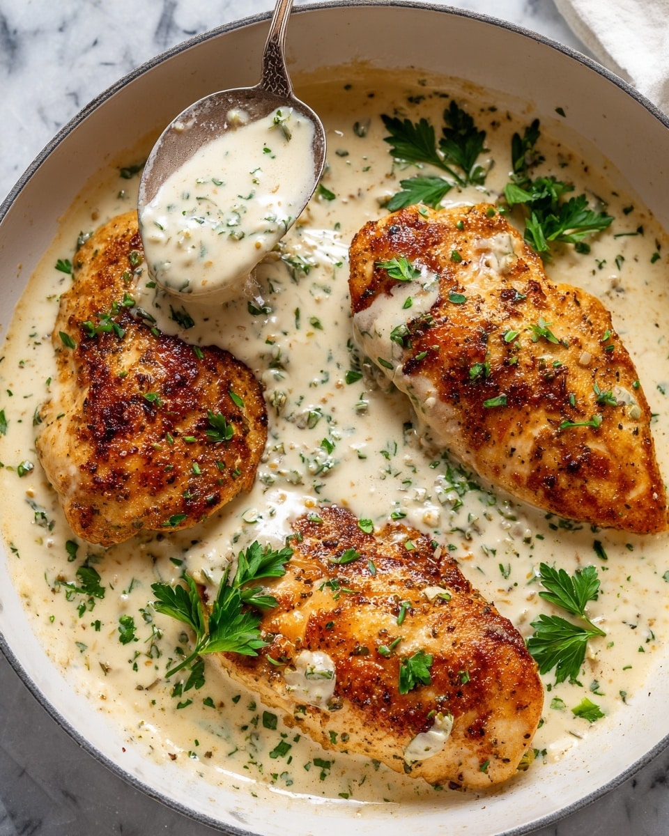 The image shows three golden-brown chicken fillets placed closely in a white pan with a creamy white sauce poured over them. The sauce is smooth with small bits of herbs visible throughout, coating the chicken unevenly. Fresh green parsley leaves are sprinkled on top, adding a touch of color against the rich sauce and crispy chicken. A spoon is in the top left corner, tilting to drizzle more sauce onto the chicken. The background surface is a white marbled texture. photo taken with an iphone --ar 4:5 --v 7