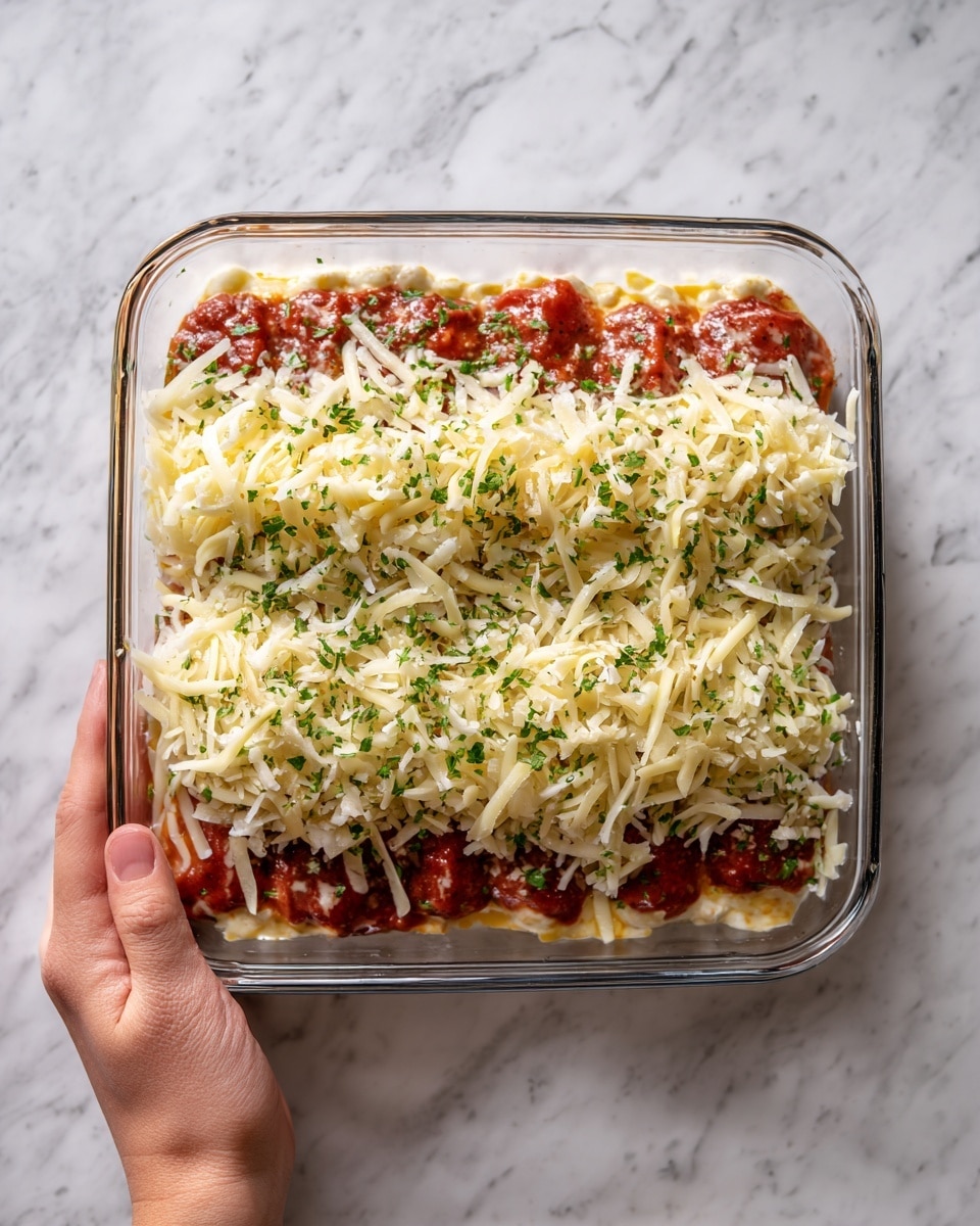 The image shows a white rectangular glass dish with four layers of a prepared dish. The bottom layer consists of red, cooked meat strips lined up evenly. The next layer above has thin white onion slices spread over the meat. On top of the onions, there is a thick, even layer of shredded pale yellow cheese covering the whole dish. The final layer is a mix of melted cheese with chopped green herbs sprinkled evenly. A woman's hand holds the dish from the side. The dish is placed on a white marbled textured surface. photo taken with an iphone --ar 4:5 --v 7