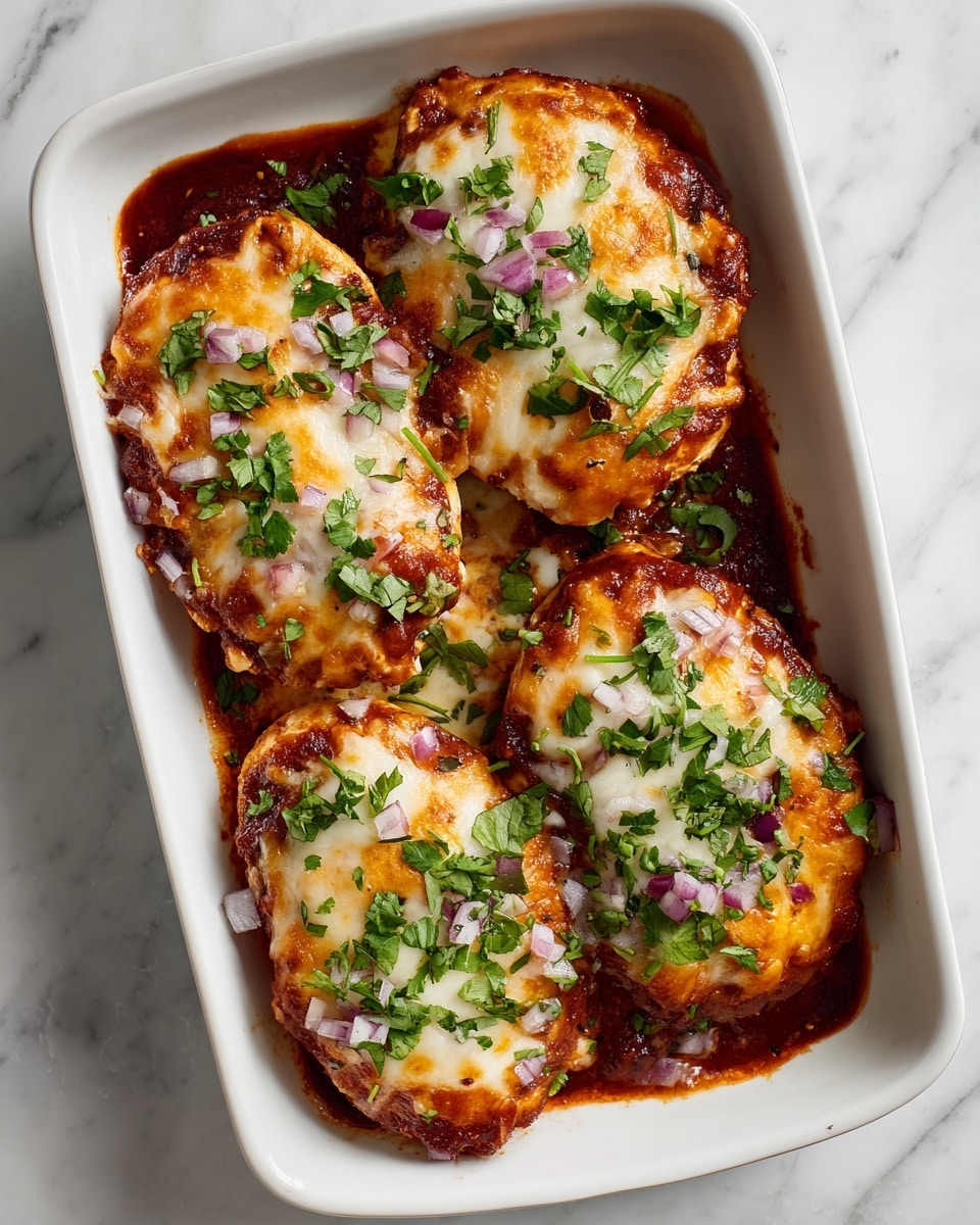 Four pieces of food are placed inside a white rectangular dish on a white marbled surface. Each piece has a base of dark red sauce, topped with melted orange-yellow cheese, and sprinkled with chopped green herbs and small pieces of purple and white onion. The cheese is melted evenly, slightly browned at the edges, and covers the top of each piece. The sauce around the edges is thick and glossy, showing a rich texture. The herbs and onions add a fresh, colorful contrast on top of the warm, melted cheese. photo taken with an iphone --ar 4:5 --v 7