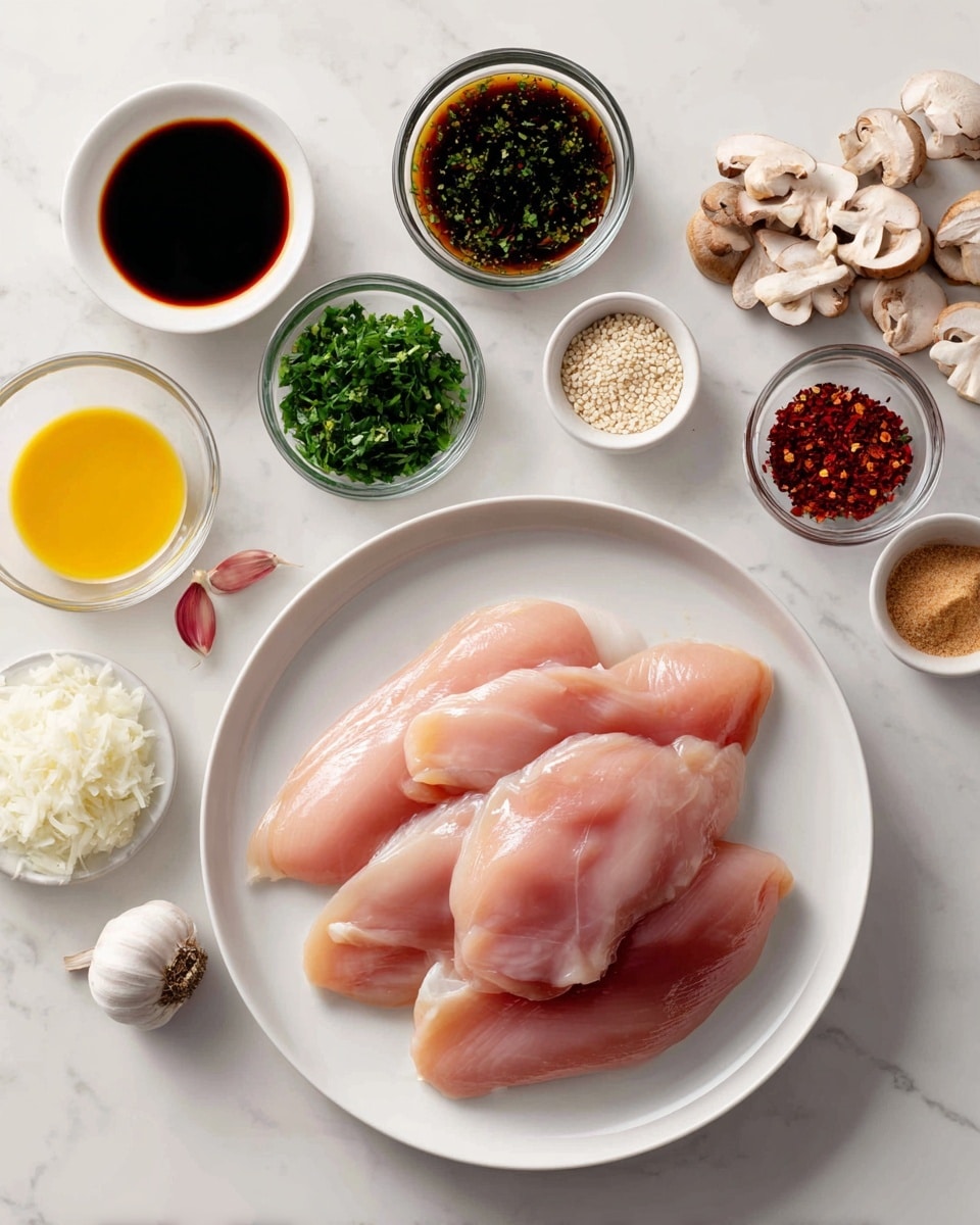A white plate holds four raw chicken fillets, pink and smooth, placed on a white marbled surface. Around the plate are small white bowls and clear glass containers filled with various ingredients: a bowl of bright yellow mustard, a bowl with dark soy sauce, a bowl of chopped fresh green herbs, a bowl of white sesame seeds, a small heap of red pepper flakes, a small white bowl of finely chopped white onions, a small portion of light brown paste, a small amount of dark reddish-brown liquid, and shredded brown mushrooms. Two raw garlic cloves are on the white marbled surface near the bowls. The scene is bright and clean. Photo taken with an iphone --ar 4:5 --v 7