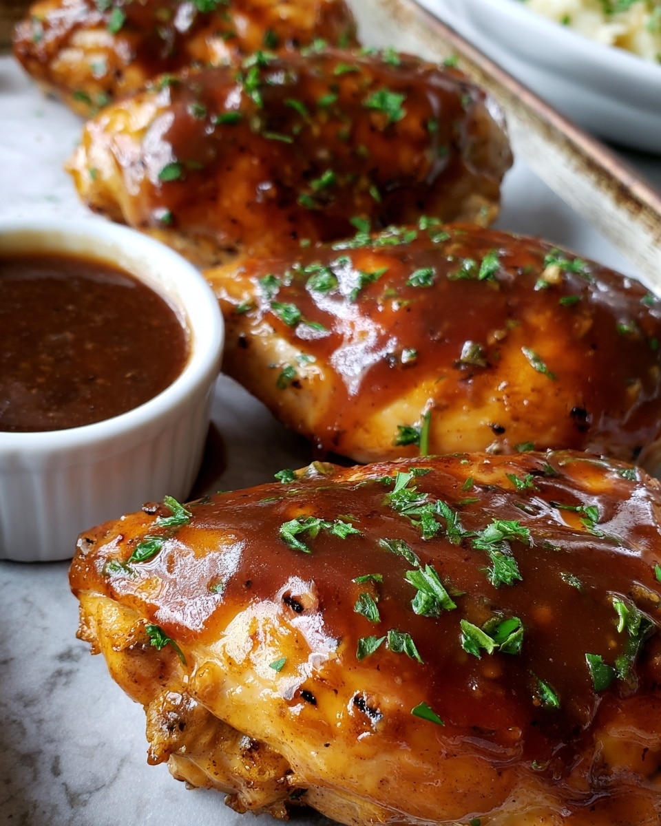 The image shows three cooked chicken pieces covered in a thick shiny brown sauce with visible tiny green herbs sprinkled on top. The chicken pieces have a smooth surface and are arranged closely on a tray with a small round bowl of sauce in the background. The sauce looks sticky and glossy, coating the chicken well. The background is a white marbled texture. Photo taken with an iphone --ar 4:5 --v 7